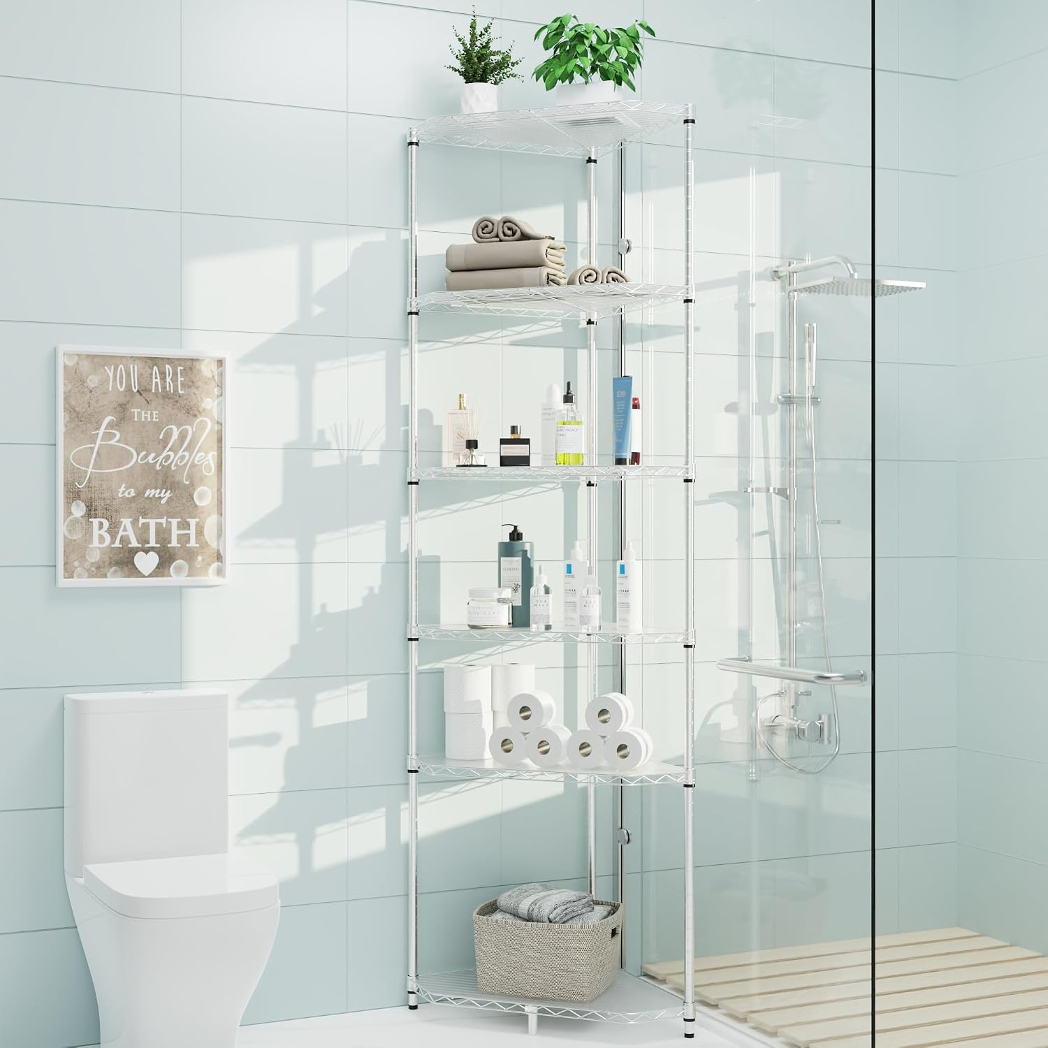 6 Tier NSF Storage Rack, 600lbs Capacity Metal Pentagonal Corner Wire Shelving Units with Adjustable Feet for Balcony, Kitchen, Bathroom, 72' H x 20' L x 20' W Chrome