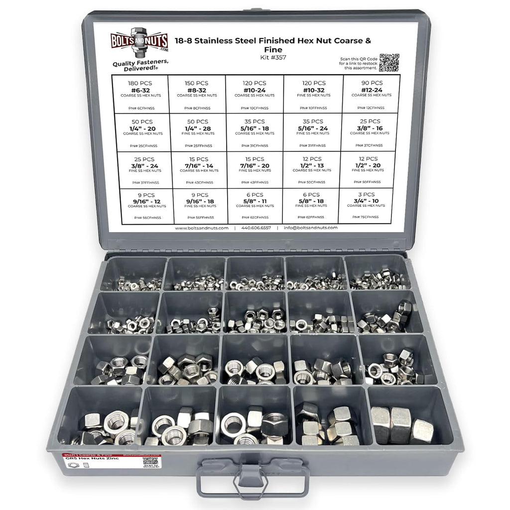 Stainless Steel Finished Hex Nut Coarse & Fine Assortment - 968 Pieces