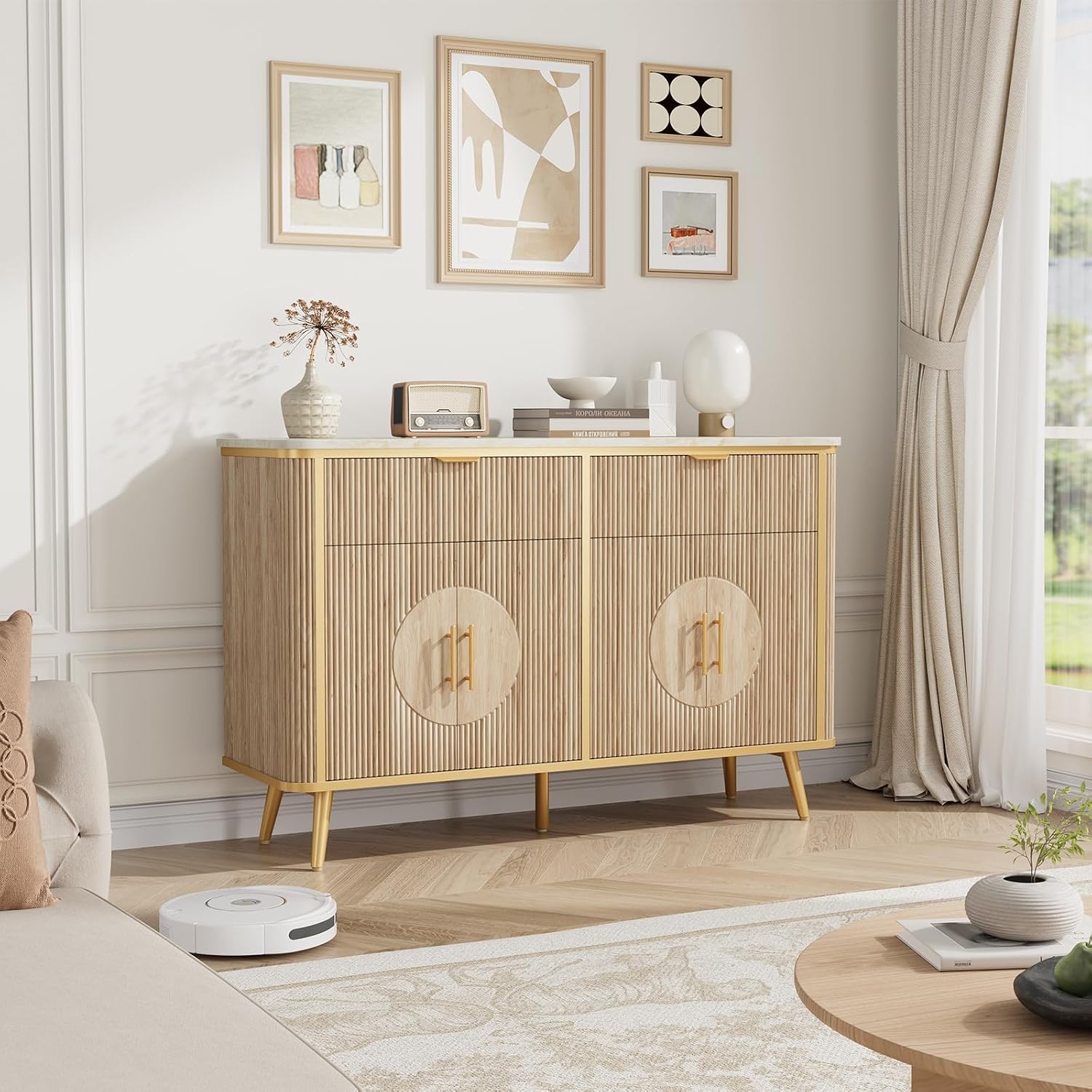 47.2' Buffet Storage Cabinet, Modern Fluted Coffee Bar Station with 2 Drawers & Adjustable Shelves, Kitchen Sideboard Buffet for Dining Room, Living Room, Hallway, Natural Oak