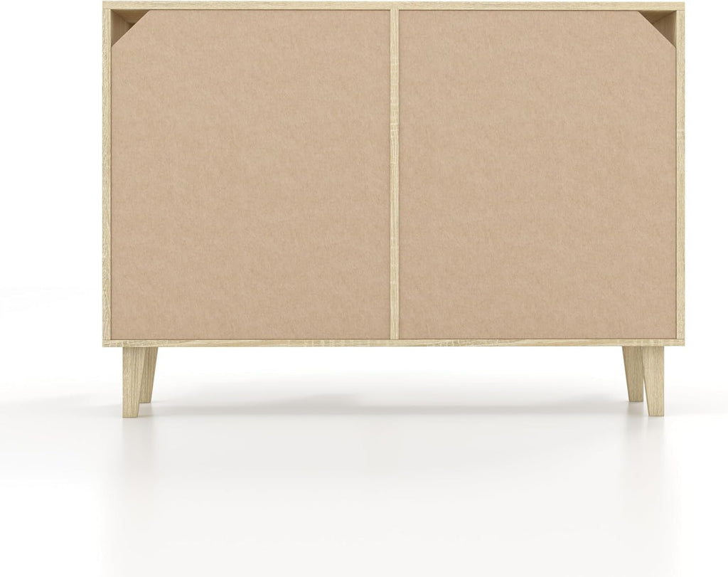 Panana Buffet Storage Cabinet with Rattan Decorating 4 Doors Living Room Kitchen Sideboard 48.43 x 34.65 x 15 inch (Natural Wood)