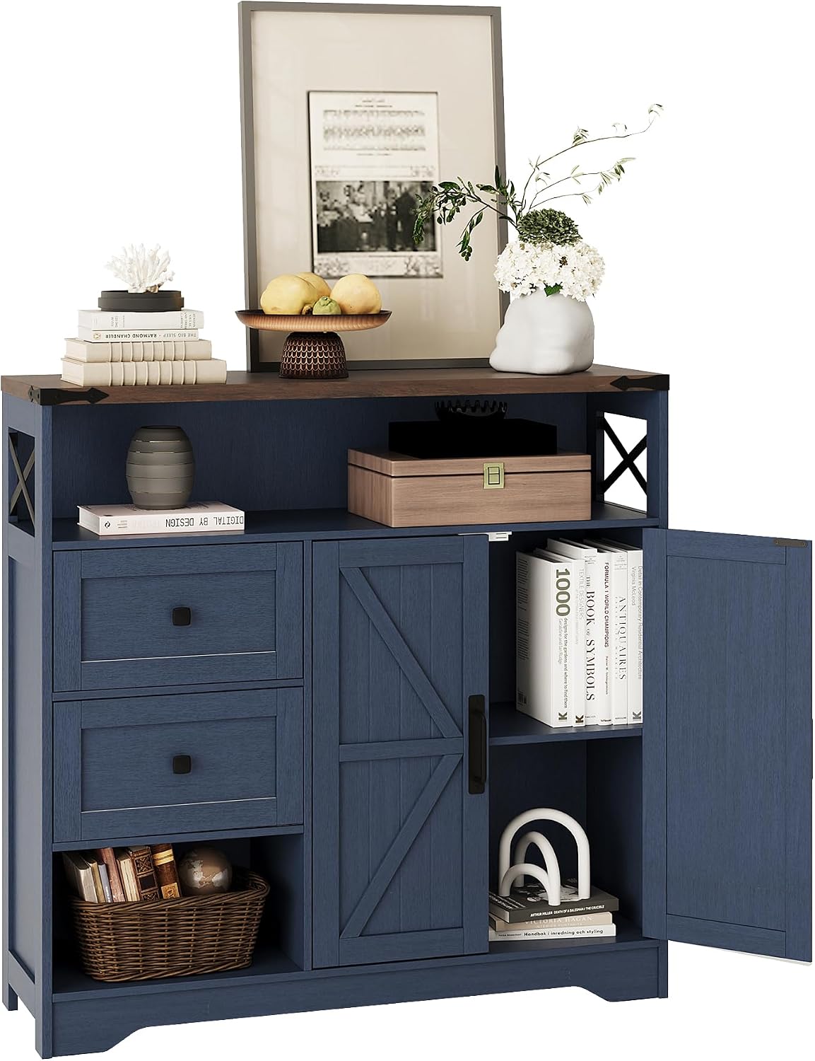 Fameill Farmhouse Storage Cabinet with Drawers and Open Storage,Freestanding Kitchen Pantry with 2 Barn Doors, Floor Cabinet with Adjustable Shelf for Living Room, Blue