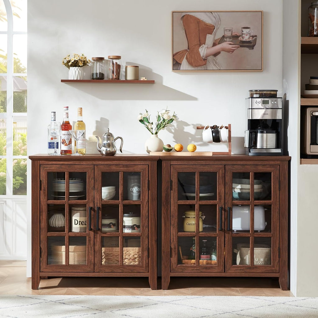 Joaxswe Large Sideboard Buffet Cabinet with Storage, 32' Farmhouse Brown Kitchen Coffee Wine Bar Cabinet with 2 Glass Doors, Wood Mid Century Modern Side Board Table for Dining Room, Living Room