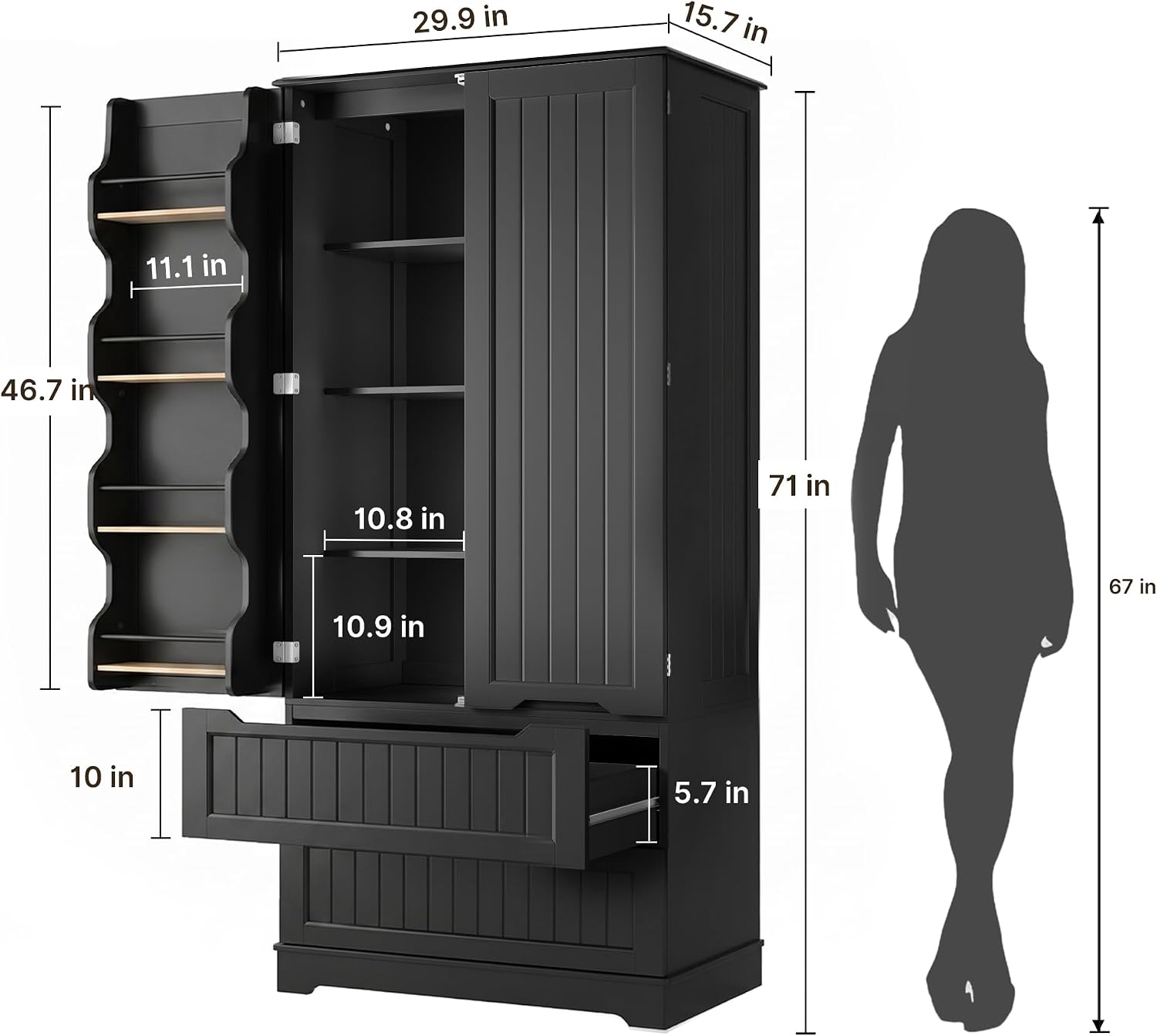 Gizoon 71' Tall Kitchen Pantry Cabinet with Drawers for Dining Room, Food Pantry Storage Cabinet with 8 Doors Shelves for Snack and Spice, Large Craft Storage Cabinet for Craft Room, Black, Painted