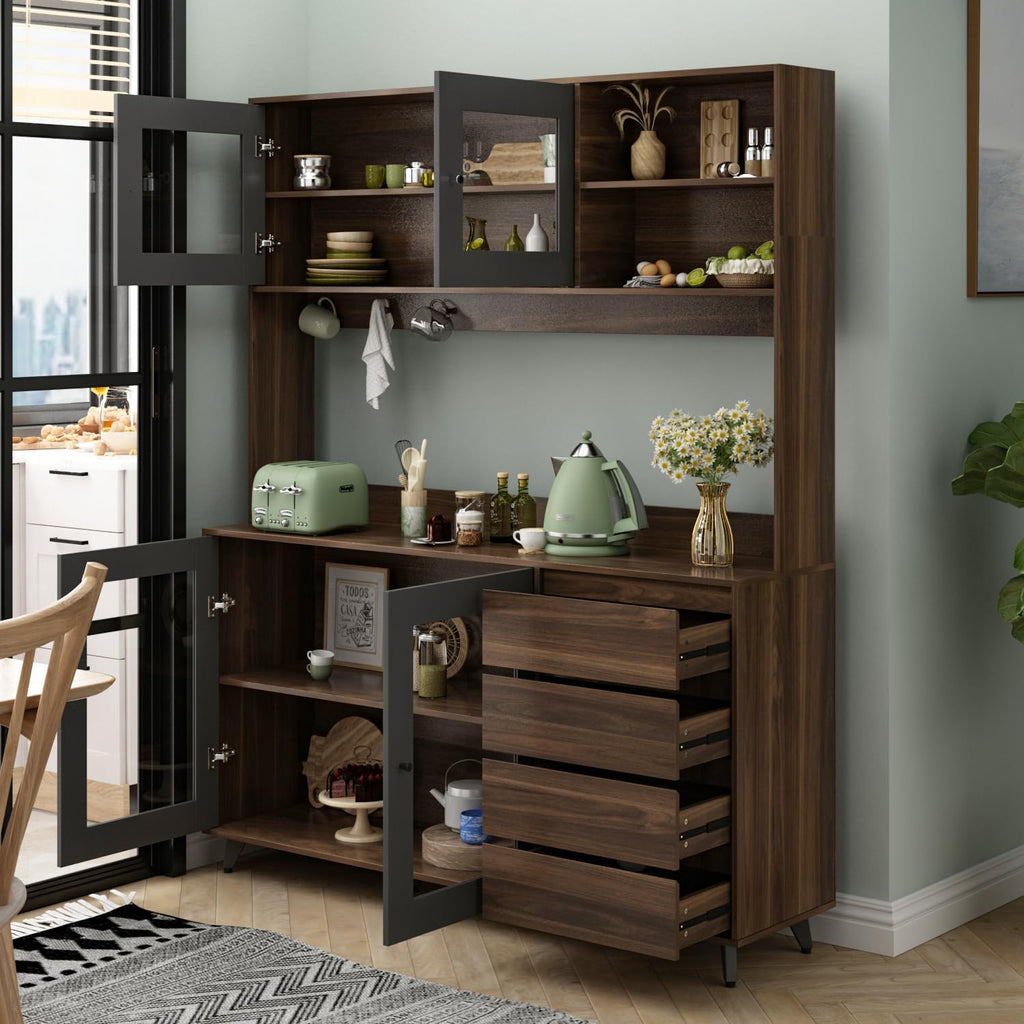 FUFU&GAGA 74.8' Tall Kitchen Pantry Cabinet with 4 Drawers, 4 Doors & Microwave Stand, Freestanding Hutch Cabinet with Buffet Cupboard for Kitchen, Dinningroom, Black and Brown