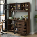 FUFU&GAGA 74.8' Tall Kitchen Pantry Cabinet with 4 Drawers, 4 Doors & Microwave Stand, Freestanding Hutch Cabinet with Buffet Cupboard for Kitchen, Dinningroom, Black and Brown