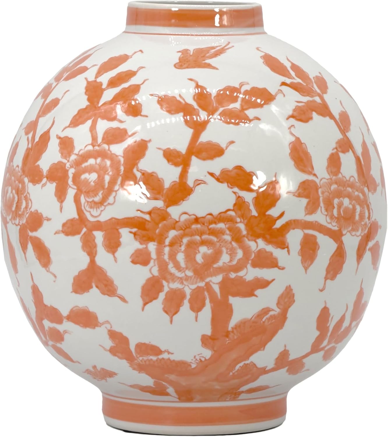 Galt International Orange & White Ceramic Floral Chinoiserie Globe Vase 12' Dia. - Round Bulb Shape Flower Vase Jar Classic Antique Home Decor