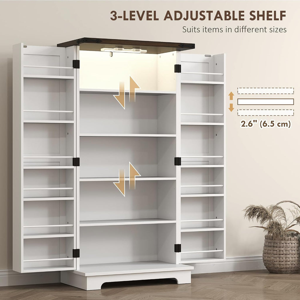HOMCOM 47' LED Kitchen Pantry Cabinet, Farmhouse Storage Cabinet with 5 Deep Shelves and 12 Door Shelves, Freestanding Food Pantry with Barn Door, White