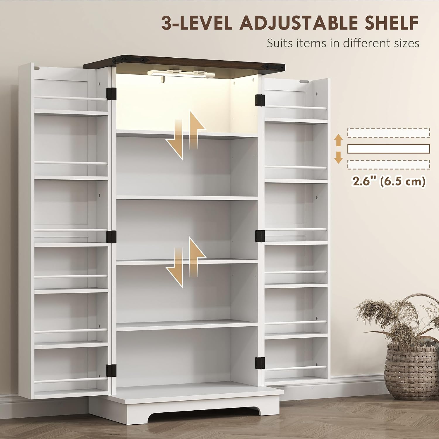 HOMCOM 47' LED Kitchen Pantry Cabinet, Farmhouse Storage Cabinet with 5 Deep Shelves and 12 Door Shelves, Freestanding Food Pantry with Barn Door, White