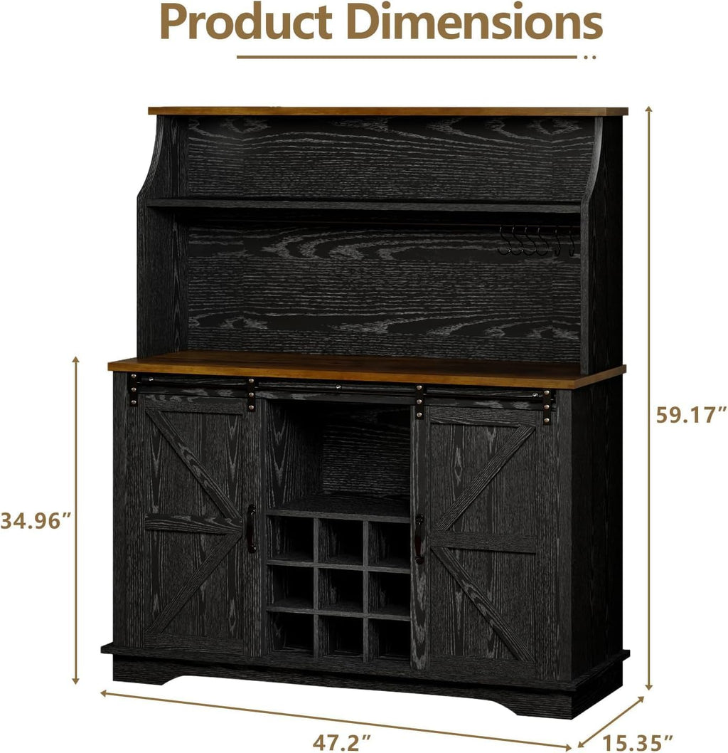 REVOMINCA 47 Inch Farmhouse Coffee Bar Cabinet with 3-Tier Storage, Coffee Bar Hutch with 9 Wine Racks, 3 Glass Holders, 6 Hooks, Kitchen Hutch for Dining Living Room, Black