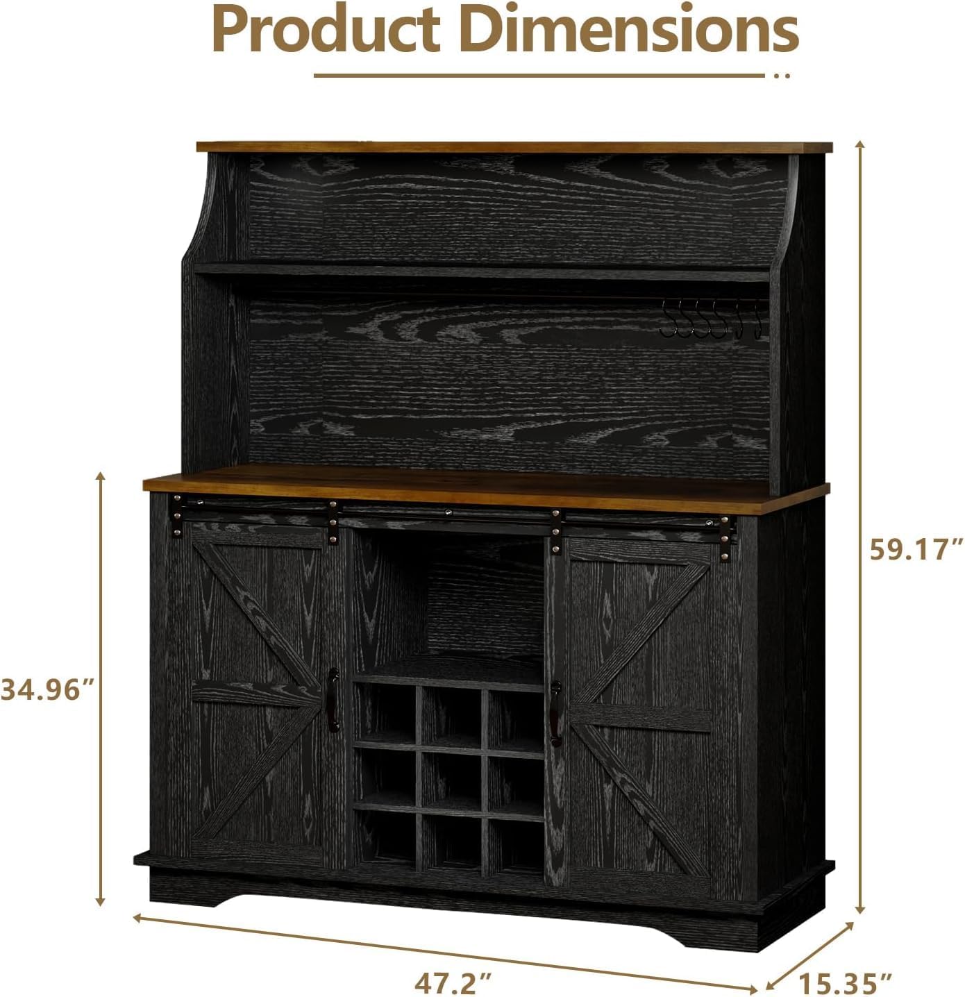 REVOMINCA 47 Inch Farmhouse Coffee Bar Cabinet with 3-Tier Storage, Coffee Bar Hutch with 9 Wine Racks, 3 Glass Holders, 6 Hooks, Kitchen Hutch for Dining Living Room, Black