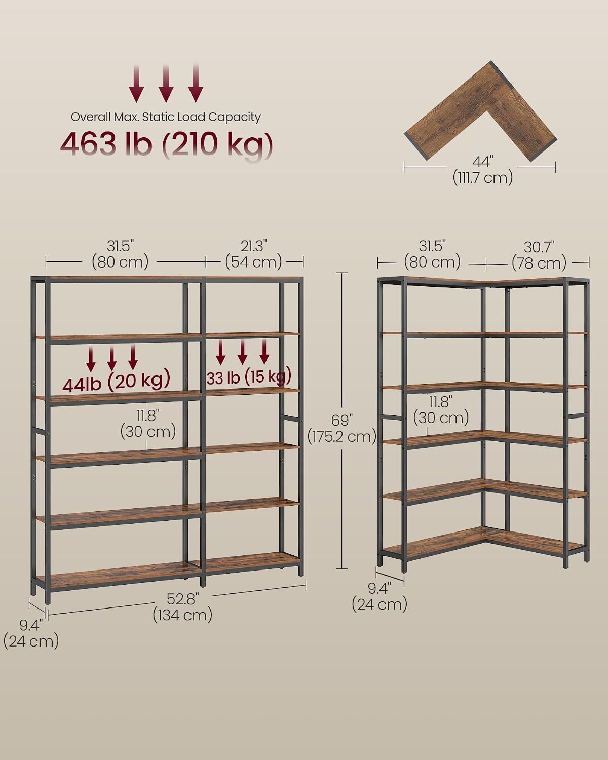 VASAGLE 6 Tier Bookshelf with Metal Frame, Convertible Industrial Corner Shelf, 9.4 x 52.8 x 69 Inches, for Living Room, Bedroom, Home Office, Rustic Brown and Ink Black ULLS806K01