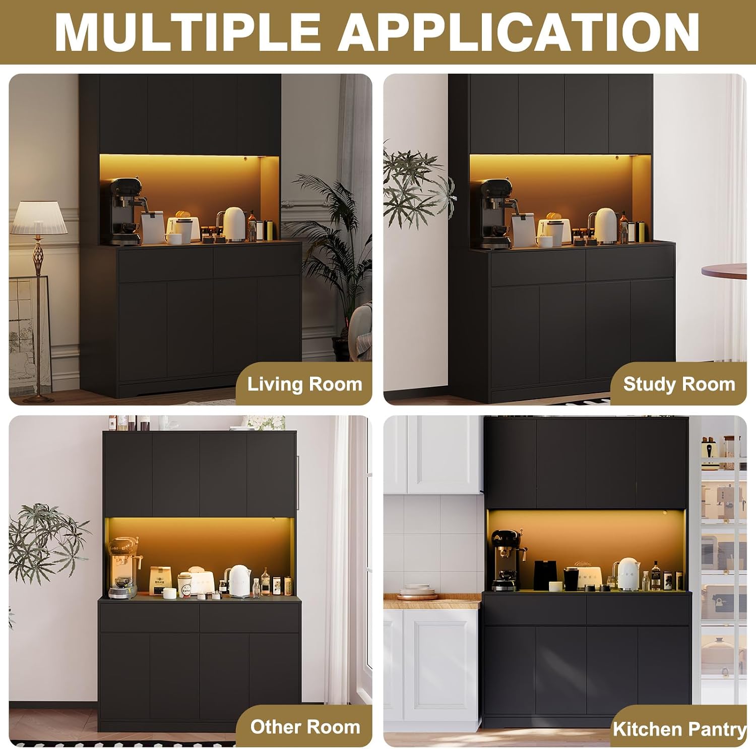 Hlivelood 71' Tall Pantry Cabinet, 47' Wide Kitchen Pantry Storage Cabinet with LED Light & Outlet, Kitchen Hutch with Microwave Shelf, Door Shelves & Drawer & Adjustable Shelves, for Dining Room