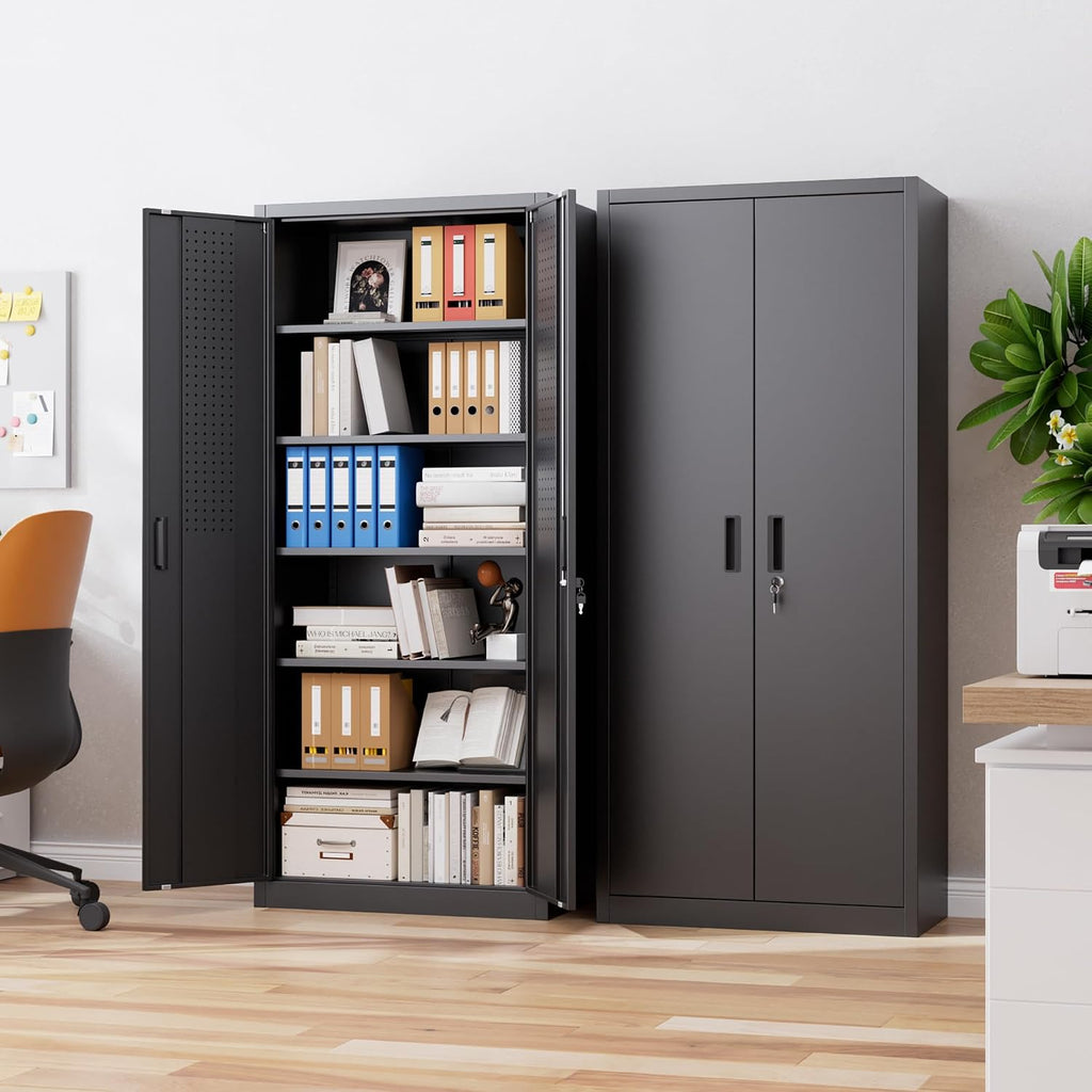 Aobabo 71' H×32' W×16' D Metal Storage Cabinet with 5 Adjustable Shelves, Locking Garage Storage Cabinet with Pegboards and 4 Hooks for Garage, Office, Black, Assembly Required