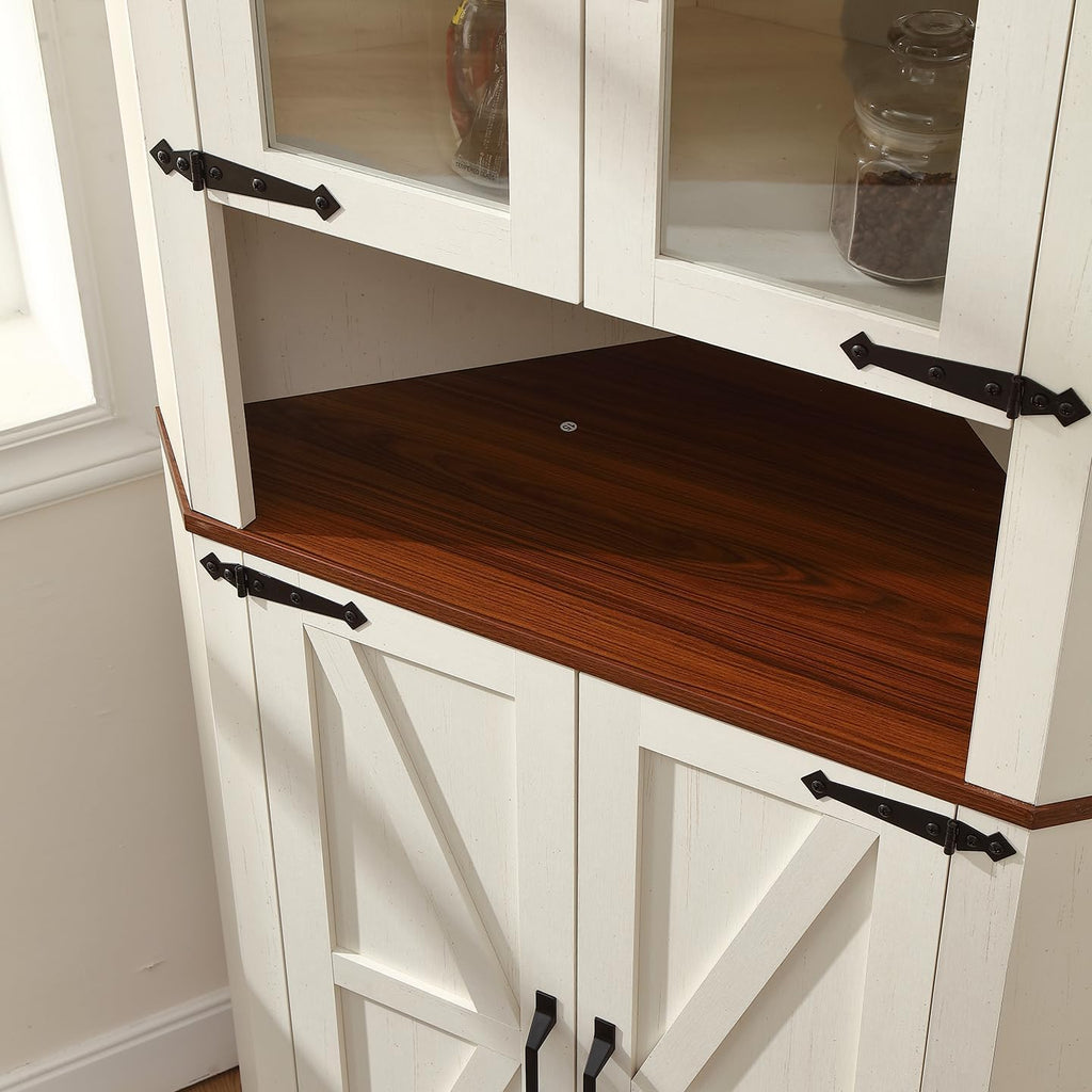 66.92'' Tall Corner Cabinet with Adjustable Shelves for Great Storage and Showcase,Storage Cabinet Double as Corner Liquor Cabinet with Hexagon Design for Livinng room,Kitchen and Bathroom,Off White