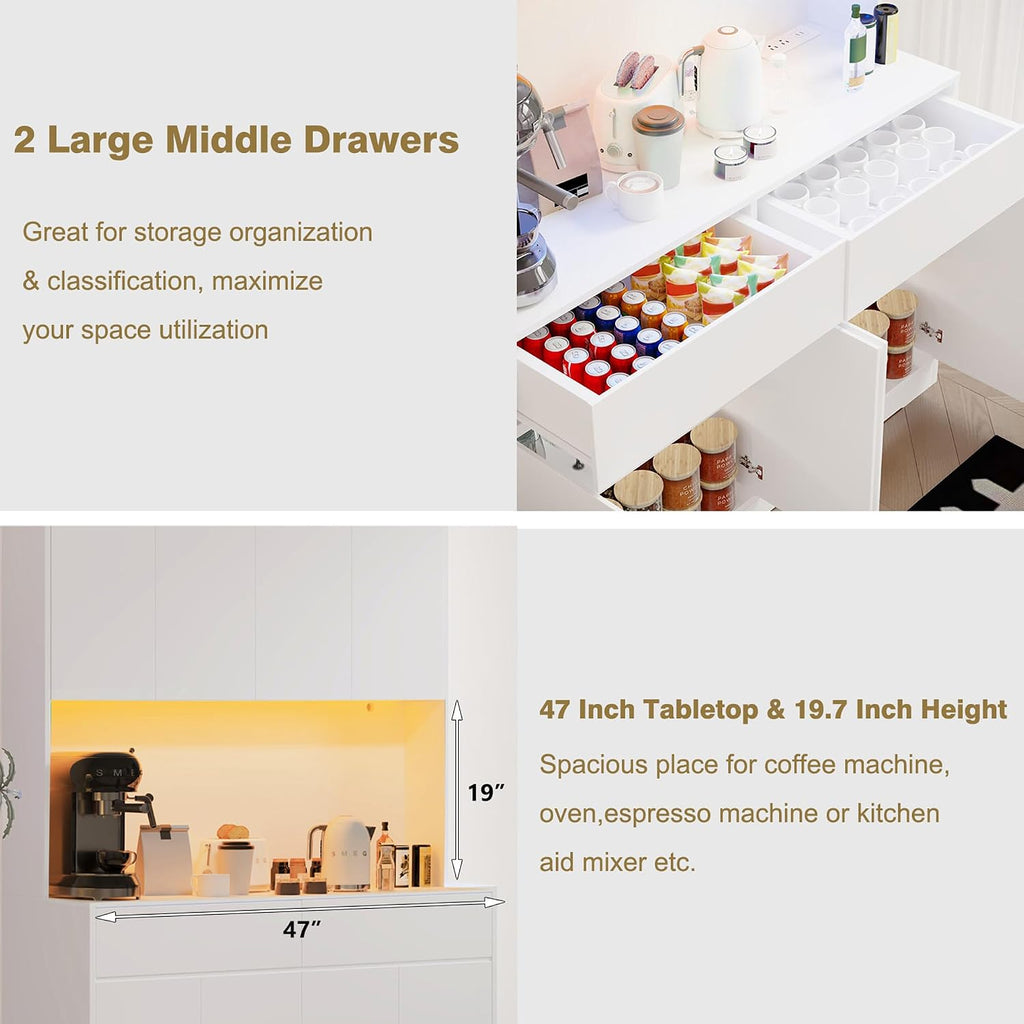 71' Tall 47' Wide Large Kitchen Pantry Storage Cabinet w/ Power Outlet,Led Light, Kitchen Hutch Pantry Cabinet w/ 2 Drawer and 8 Doors,Modern Freestanding Buffet Cabinets for Kitchens,Dining Room