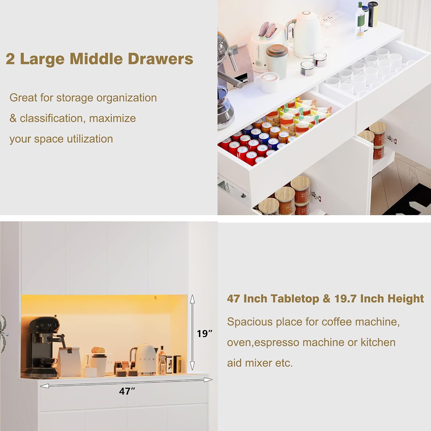 71' Tall 47' Wide Large Kitchen Pantry Storage Cabinet w/ Power Outlet,Led Light, Kitchen Hutch Pantry Cabinet w/ 2 Drawer and 8 Doors,Modern Freestanding Buffet Cabinets for Kitchens,Dining Room