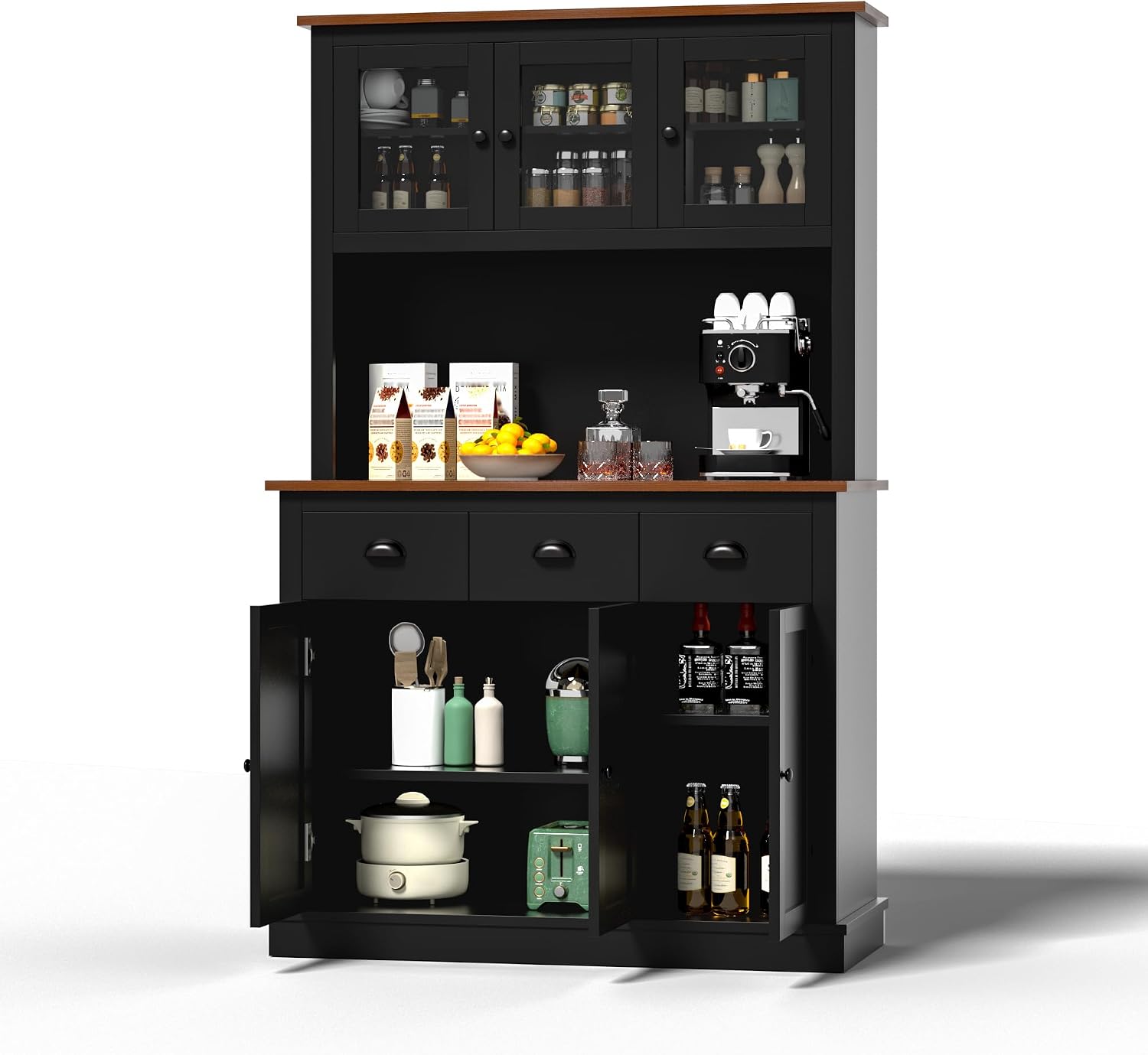 MU 71' Kitchen Pantry Cabinet with Charging Station, Tall Pantry Hutch with Drawers, Countertop & Microwave Shelf, Food Storage Cabinet for Dining Room & Coffee Bar, Black
