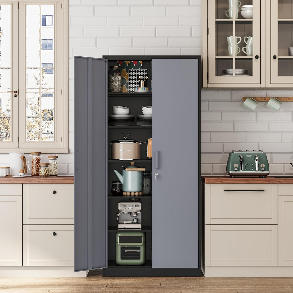 Fesbos Metal Cabinet Steel Storage Cabinet - 71' Tall File Cabinets with Lockable Doors and 5 Adjustable Shelves Black&Gray Steel Storage Cabinets for Home, School, Office, Garage