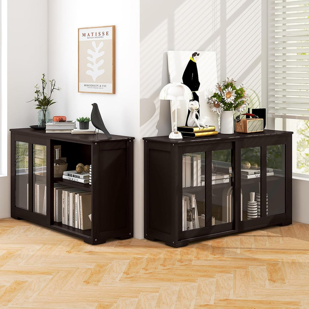 COSTWAY Buffet Sideboard with Storage, 2-Door Floor Cupboard with Sliding Tempered Glass Cabinet & Adjustable Shelf, Stackable Storage Cabinet for Kitchen, Entryway, Brown (2)