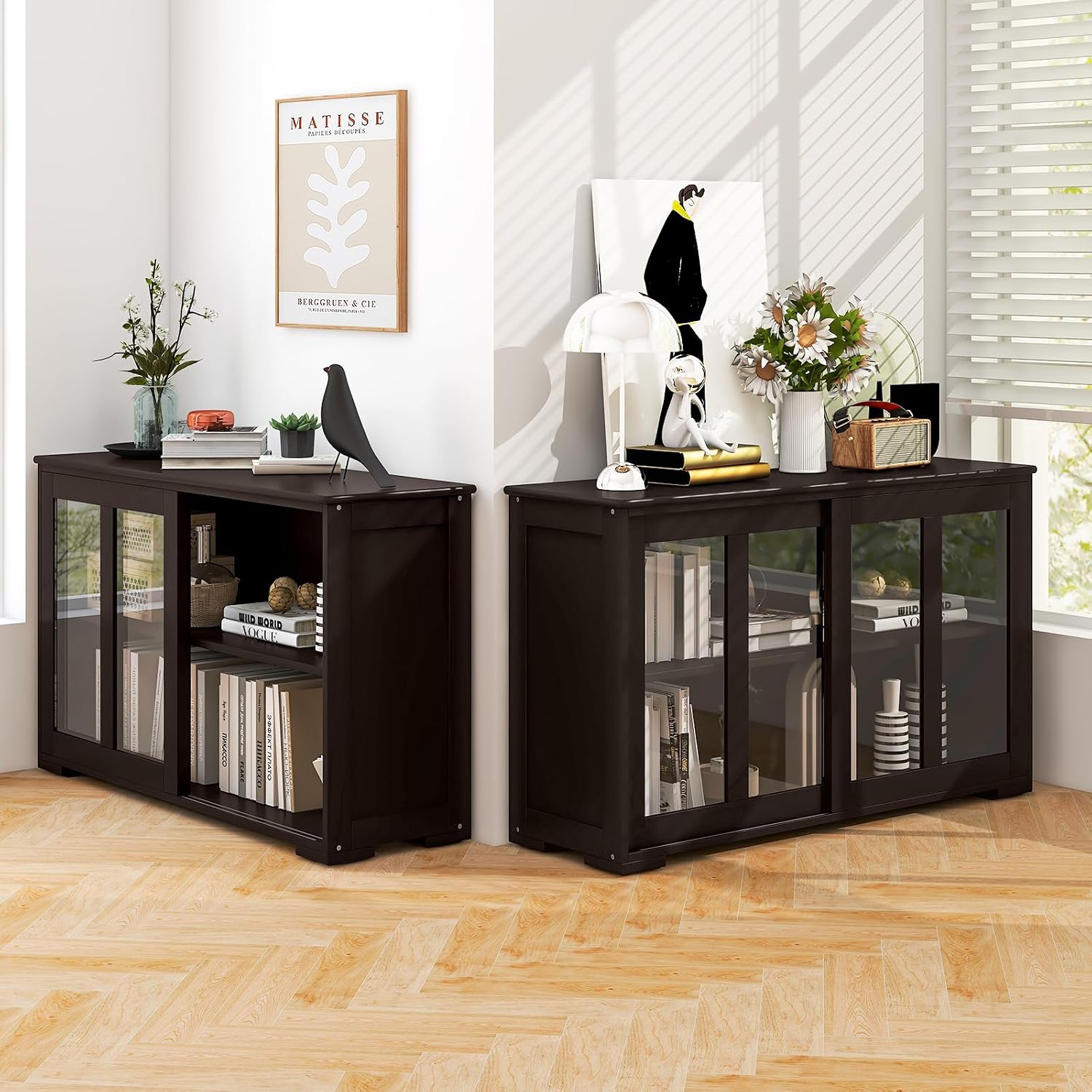 COSTWAY Buffet Sideboard with Storage, 2-Door Floor Cupboard with Sliding Tempered Glass Cabinet & Adjustable Shelf, Stackable Storage Cabinet for Kitchen, Entryway, Brown (2)