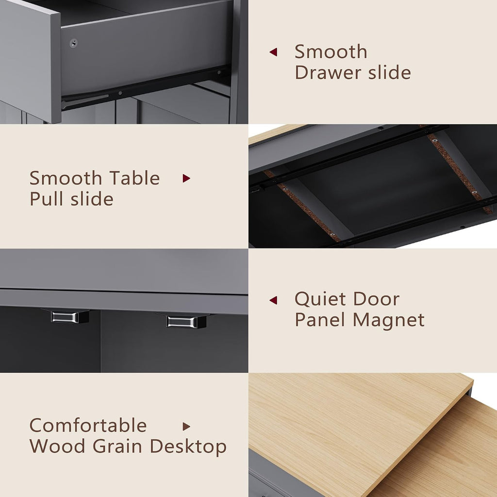 74.5' Rolling Kitchen Island with Extendable Dining Table, Storage Cart on Wheels with 2 Drawers, Spice Rack, 4 Door Cabinet for Kitchen, Dining Room, Grey