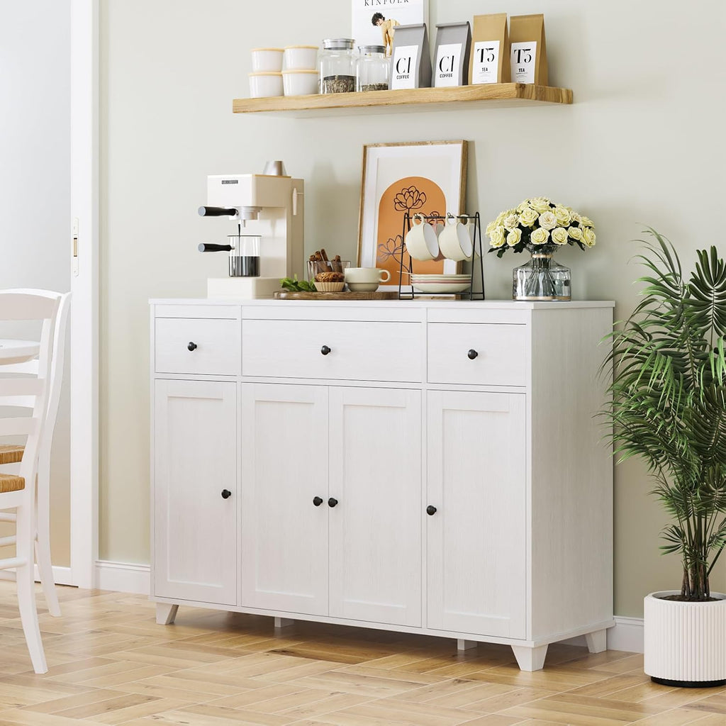 HIFIT Buffet Cabinet White Sideboard Storage Cabinet with 3 Drawers & 4 Doors Adjustable Shelves, 47' Modern Coffee Bar Cabinet, Wood Accent Cabinet for Kitchen Cupboard Dining Living Room
