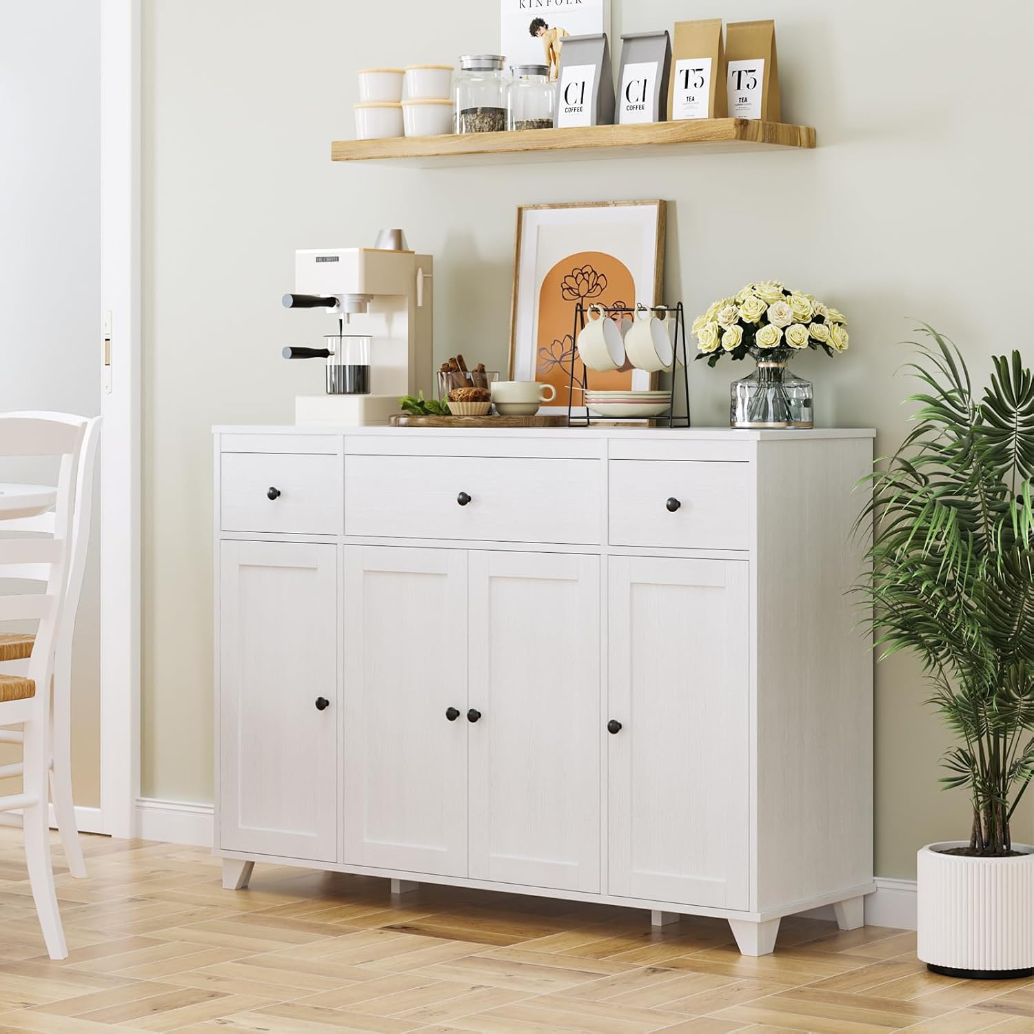 HIFIT Buffet Cabinet White Sideboard Storage Cabinet with 3 Drawers & 4 Doors Adjustable Shelves, 47' Modern Coffee Bar Cabinet, Wood Accent Cabinet for Kitchen Cupboard Dining Living Room