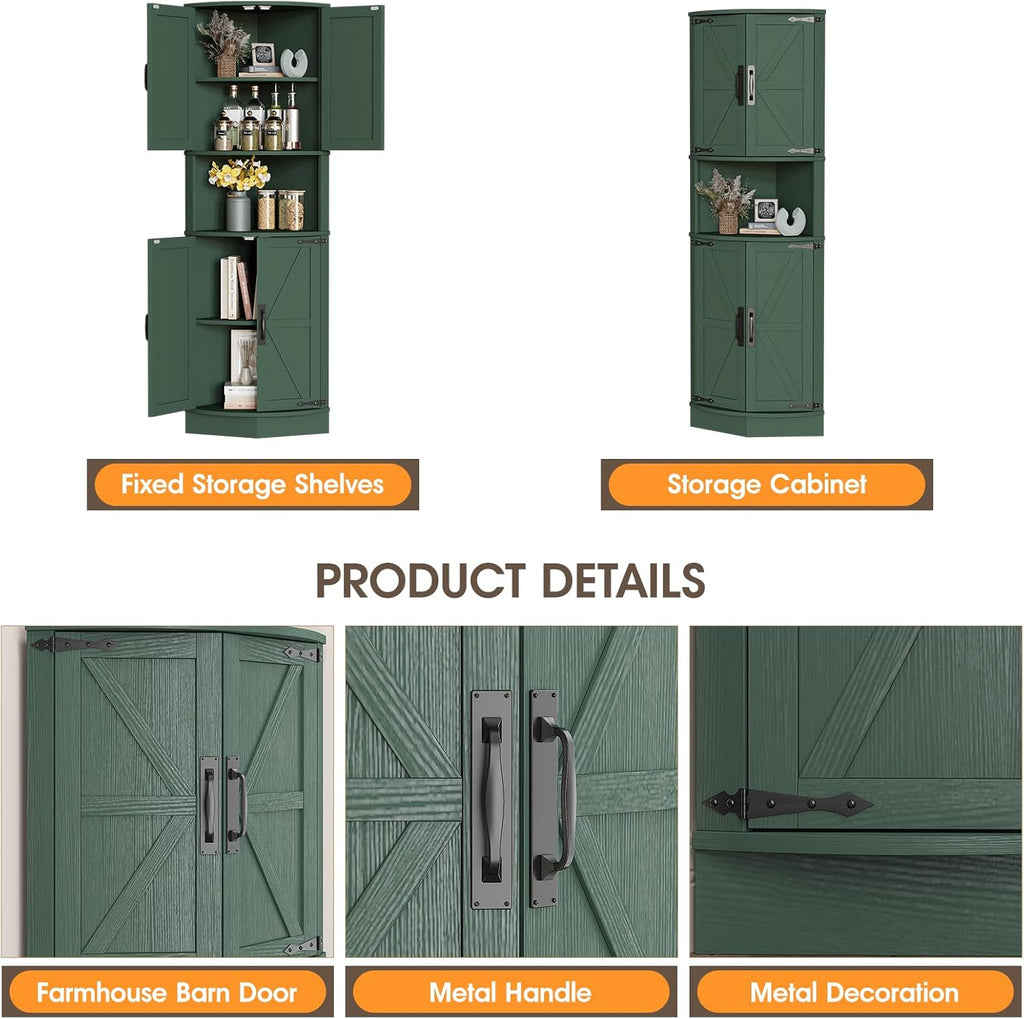 Vabches 64.8' Tall Farmhouse Corner Cabinet with 4 Doors and 5 Storage Shelves, Farmhouse Storage Cabinet with Barn Door Design, Home Space Saver for Living Room, Kitchen, Laundry Room,Green