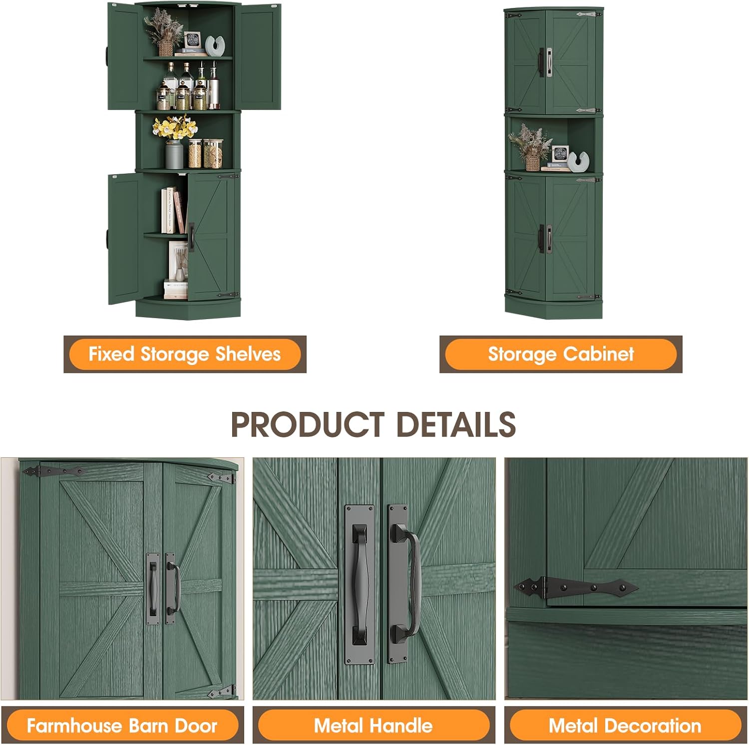 Vabches 64.8' Tall Farmhouse Corner Cabinet with 4 Doors and 5 Storage Shelves, Farmhouse Storage Cabinet with Barn Door Design, Home Space Saver for Living Room, Kitchen, Laundry Room,Green