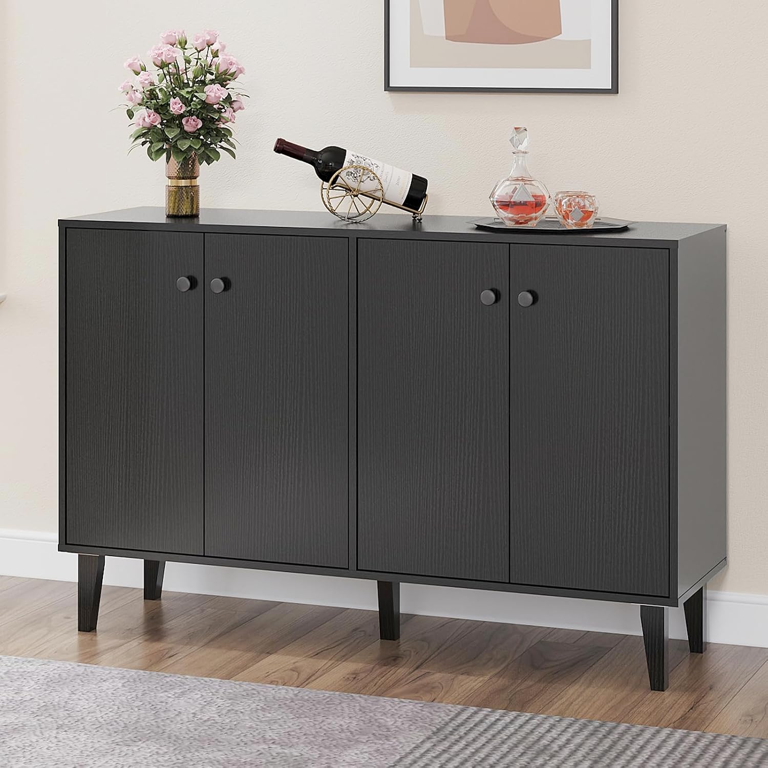 Panana Sideboard Buffet Cabinet Kitchen Storage Cabinet Living Room 4 Doors Console Table (Black)
