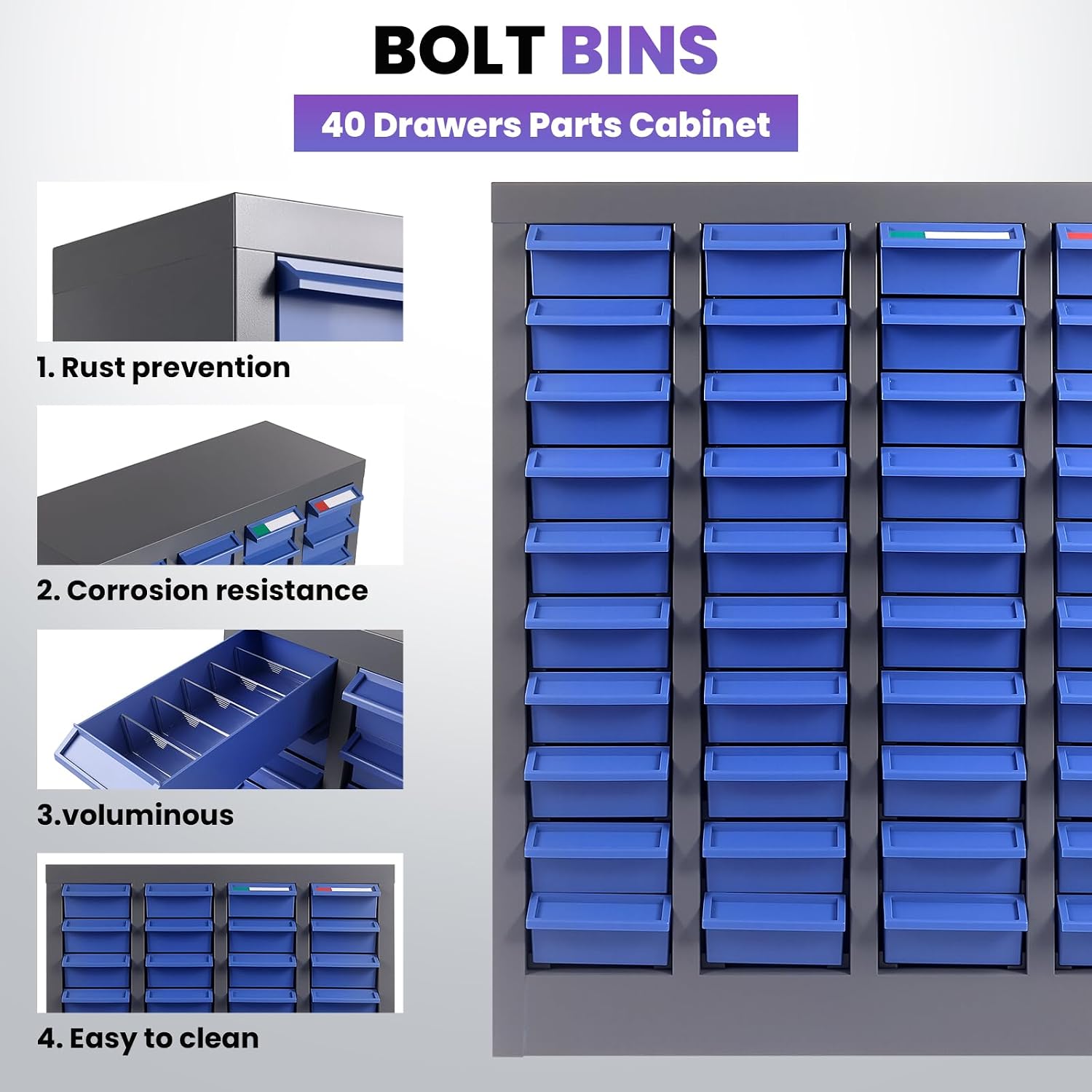 40 Drawers Stainless Steel Nut and Bolt Organizer, 21' D x 9' W x 25' H Parts Cabinet with Adjustable Shelves and Label Stickers, Bolt Organizer for Nuts Bolts Parts Screws Small Items