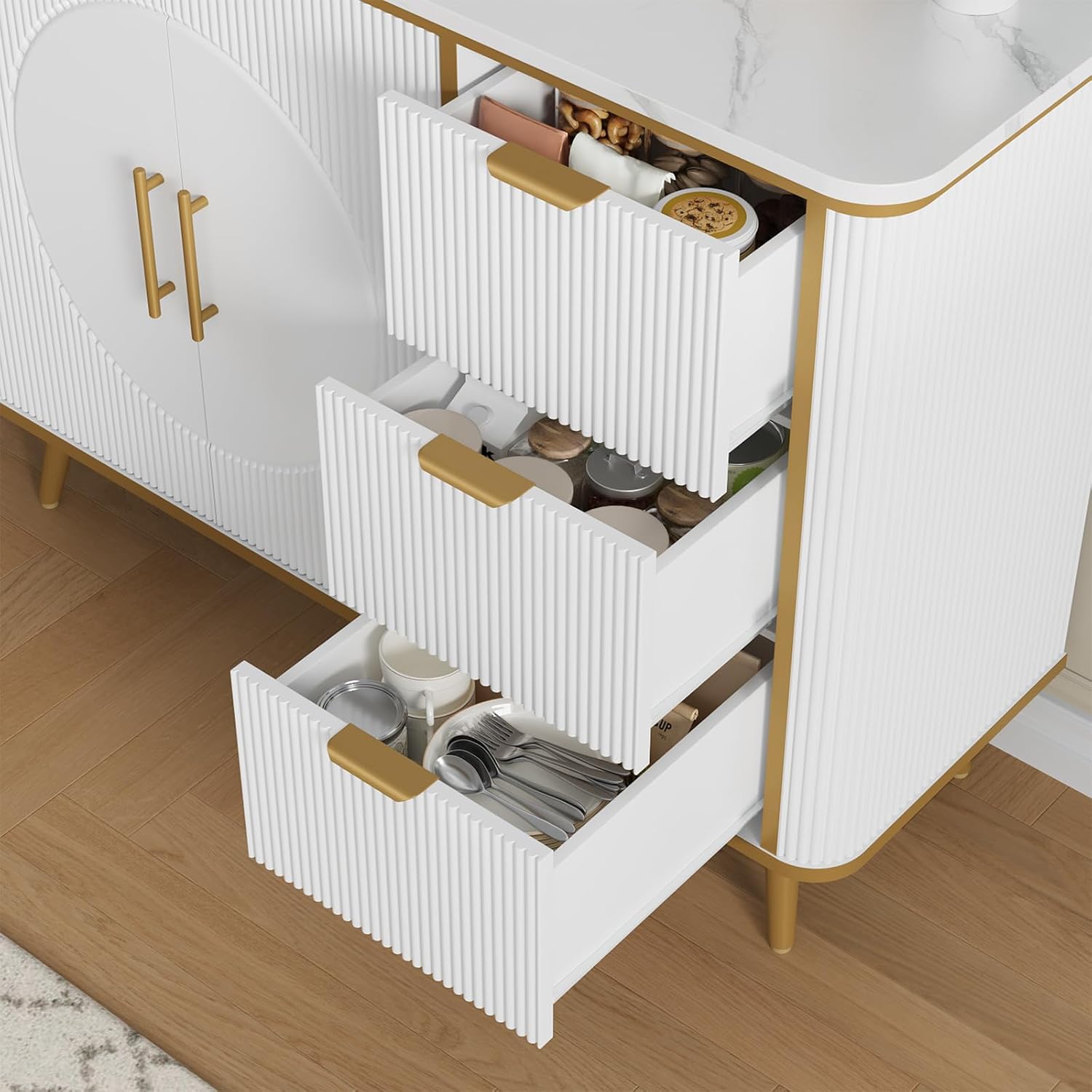 47.3' Modern Buffet Cabinet with Storage, Kitchen Sideboard Buffet with 2 Door & 3 Drawers, Fluted Caffee Bar Storage Cabinet for Dining Room, Living Room, Entryway, White