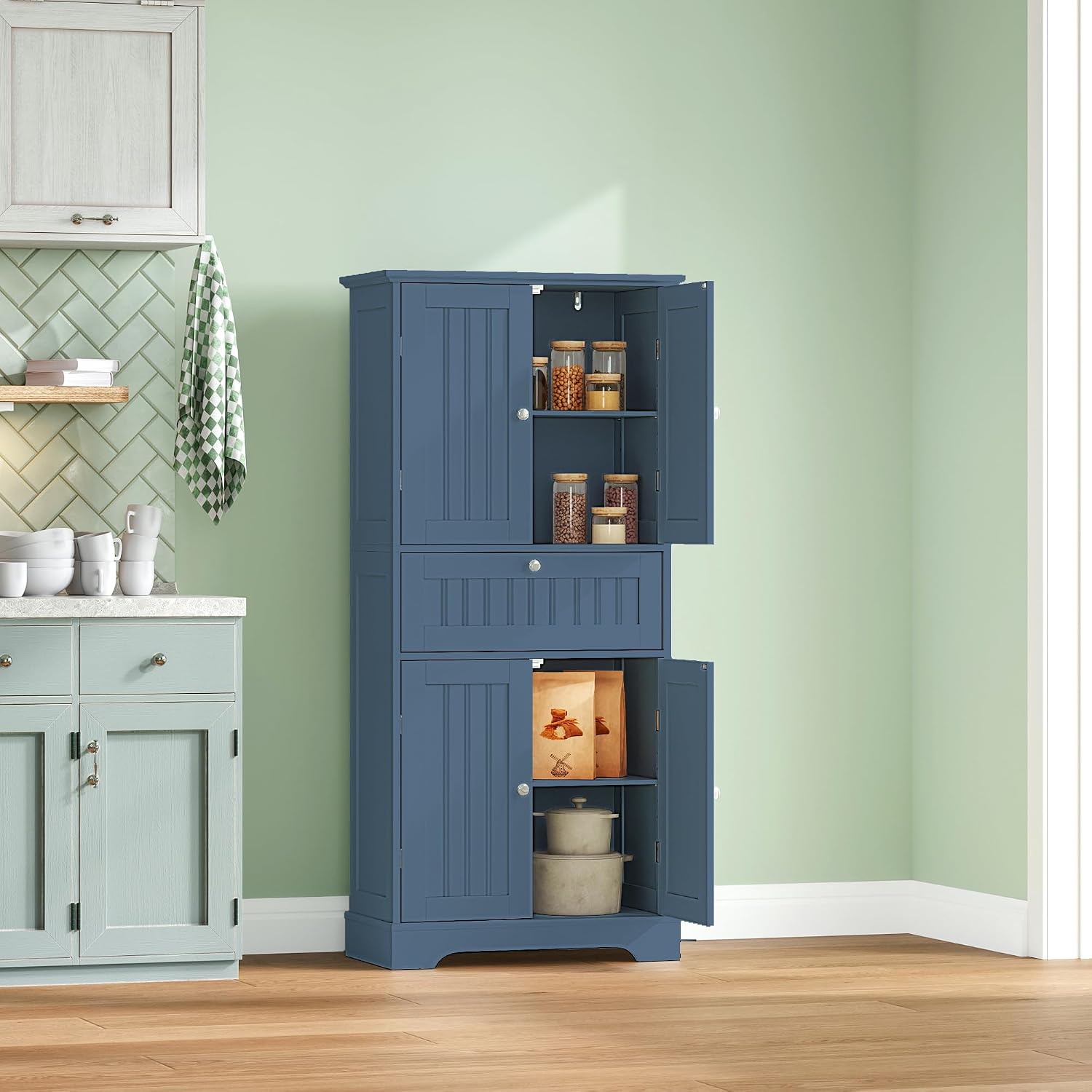 ChooChoo 51' H Tall Bathroom Floor Cabinet, Modern Bathroom Storage Cabinet with Drawer and Adjustable Shelves, Freestanding Kitchen Pantry Cupboard with 4 Doors for Living Room, Blue