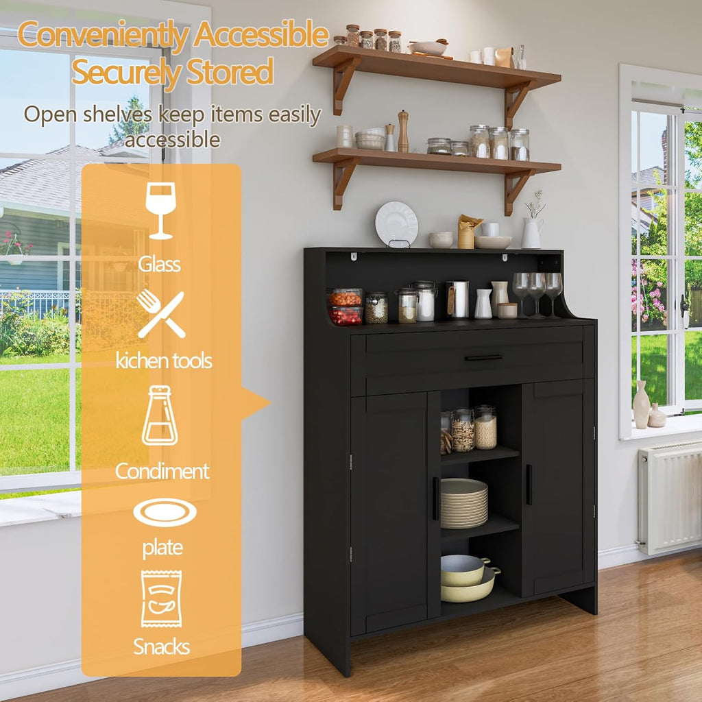 Viaozutis Storage Cabinet with Doors and Drawers, Kitchen Storage Cabinet with 1 Large Drawer,2 Doors,and 2 Adjustable Shelves,for Bathroom/Kitchen/Living Room/Entrance Hall (Black)