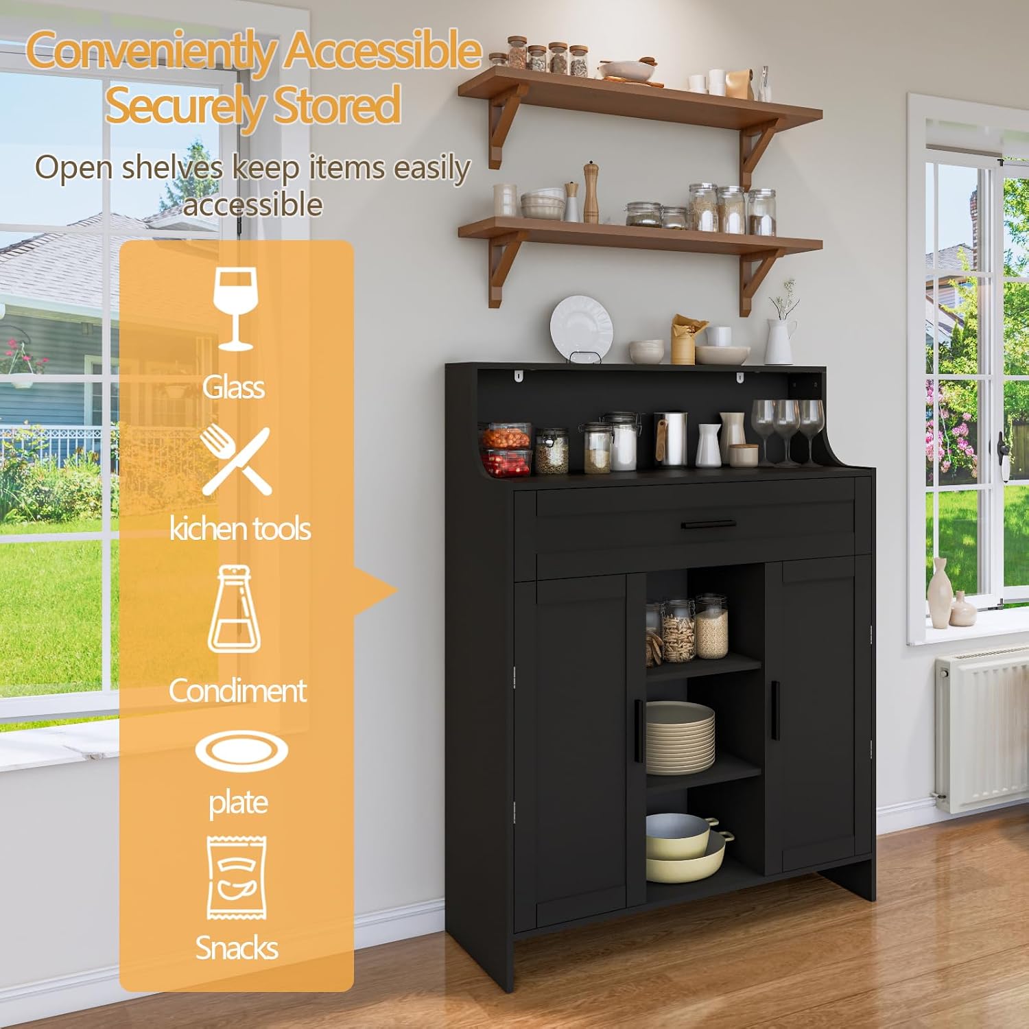 Viaozutis Storage Cabinet with Doors and Drawers, Kitchen Storage Cabinet with 1 Large Drawer,2 Doors,and 2 Adjustable Shelves,for Bathroom/Kitchen/Living Room/Entrance Hall (Black)