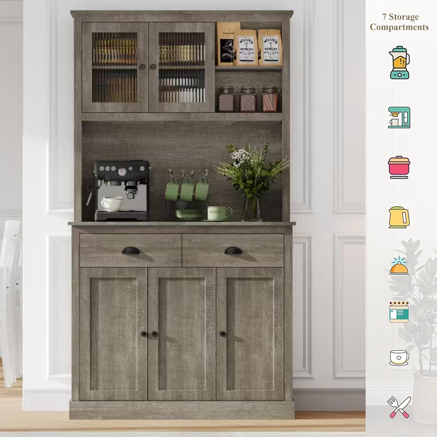 GarveeHome Pantry Cabinet with Drawers and Adjustable Shelves, 71' Tall Freestanding Kitchen Cabinet with Microwave Stand, Kitchen Hutch for Dining Room, Rustic Grey