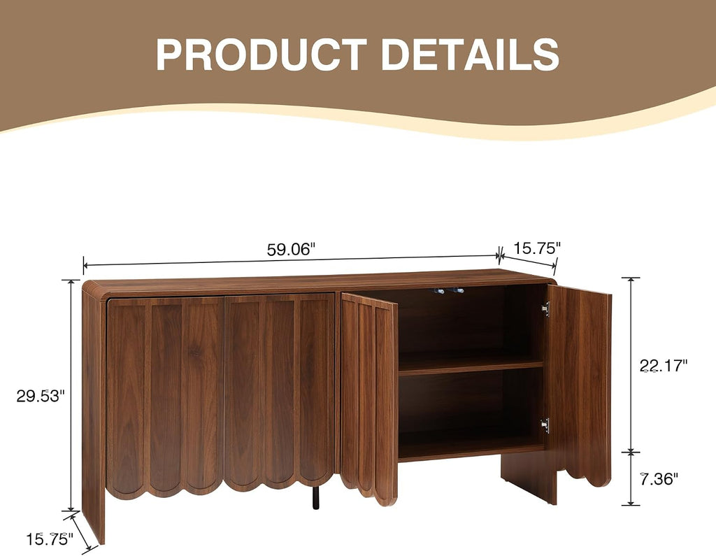 ORRD Sideboard Buffet Cabinet, Accent Storage Cabinets with 4 Doors, Farmhouse Wood Cabinet with Adjustable Shelves and Wave Panel for Living Room, Dining Room, Entry - Walnut