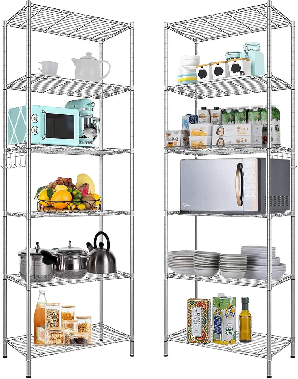 Himimi 6 Tier Storage Shelf Wire Shelving Unit Adjustable Rack Free Standing Organization with Leveling Feet, Stainless Side Hooks for Laundry Bathroom Kitchen Pantry Closet,2-Pack Shelves,Silver