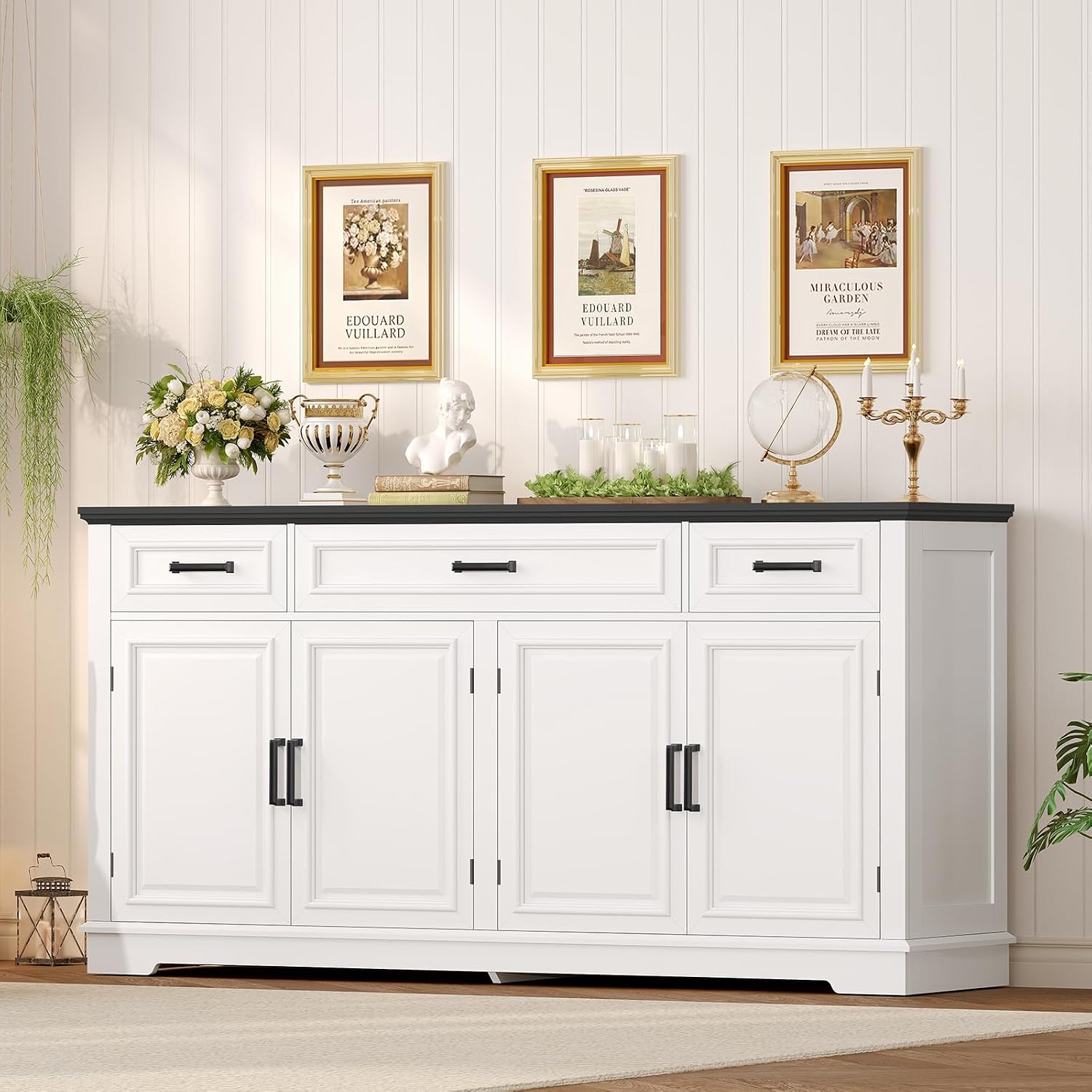 usikey 59' Large Buffet Cabinet with 4 Doors and 3 Drawers, Buffet Sideboard Cabinet with Storage and 2 Adjustable Shelves, Coffee Bar, Wine Bar for Living Room, White