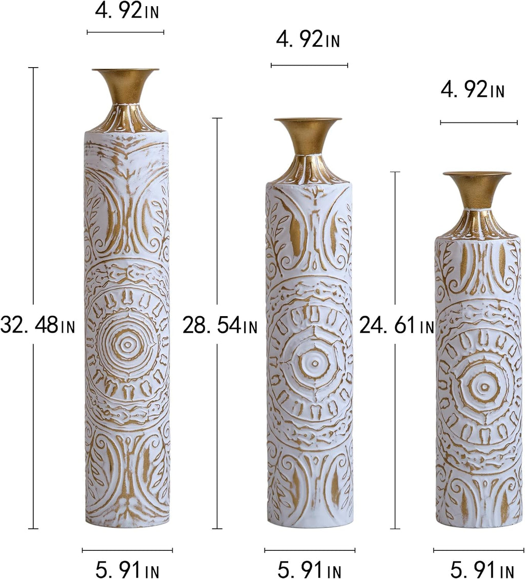Gorgeous Set of 3 White & Gold Metal Vases - Stylish Floor Decoration, 24in/28.7in/33.5in Tall for Elegant Home Décor!