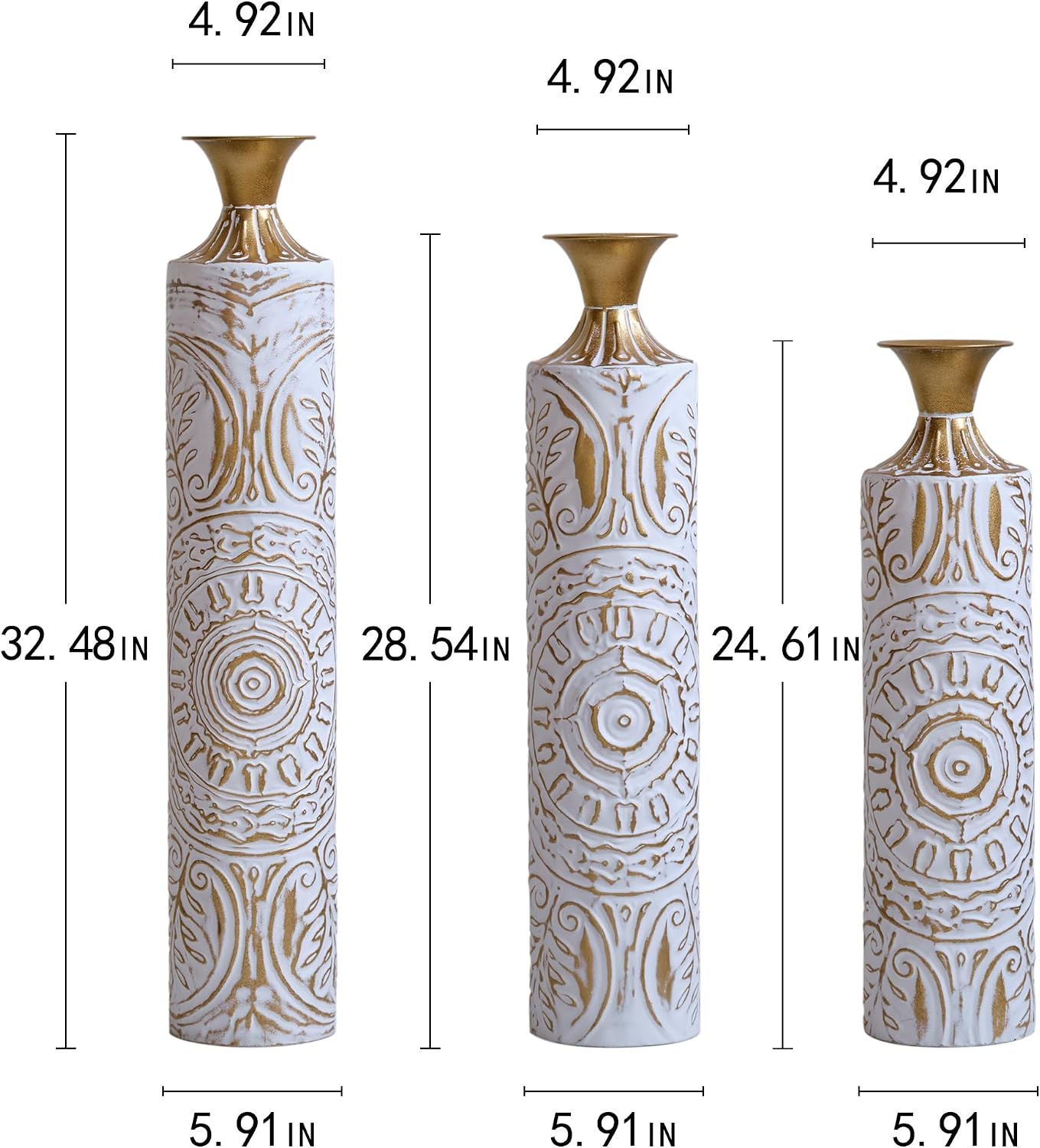 Gorgeous Set of 3 White & Gold Metal Vases - Stylish Floor Decoration, 24in/28.7in/33.5in Tall for Elegant Home Décor!