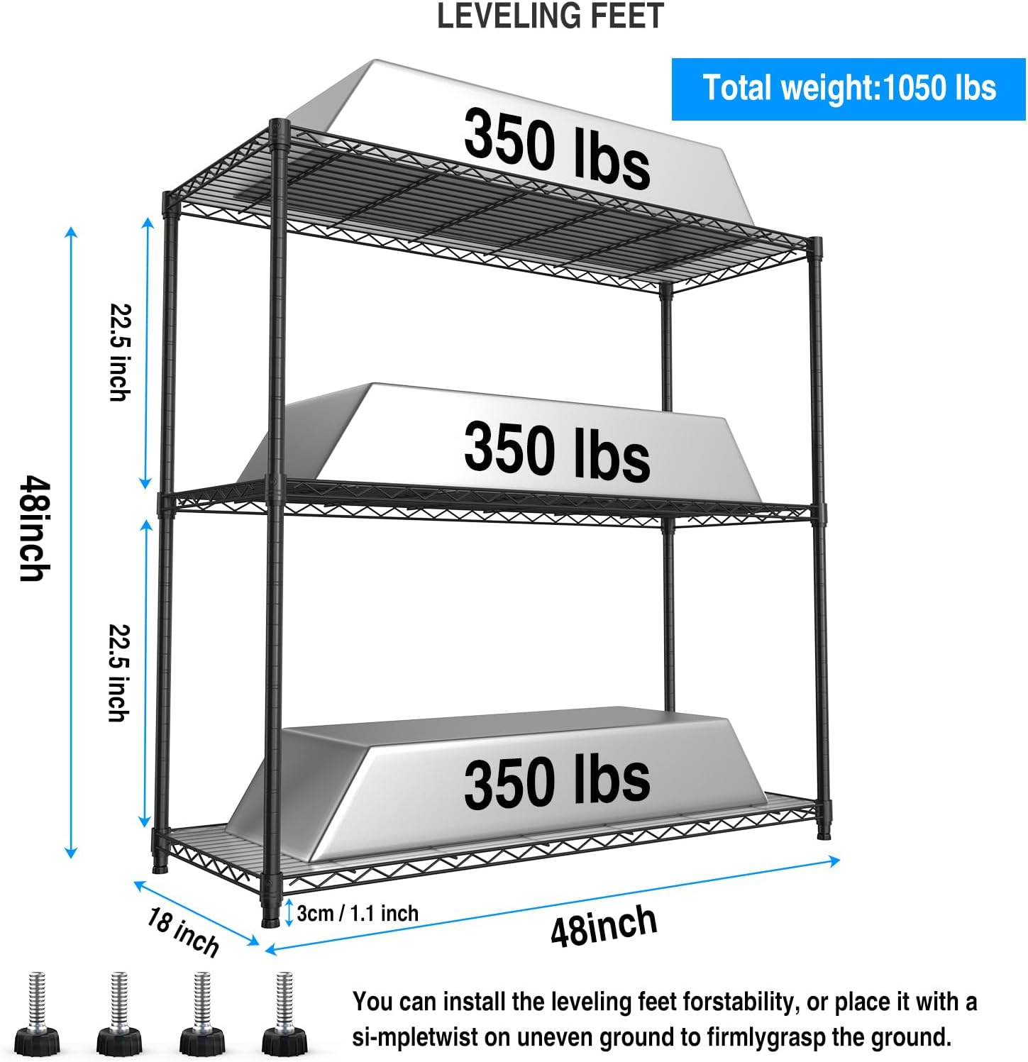 3 Tier NSF Wire Shelf Shelving Unit, 18 x 48 x 48 Inch 1050lbs Capacity Heavy Duty Adjustable Storage Metal Rack with Leveling Feet & Shelf Liners, Ideal for Garage, Kitchen, Office and More - Black