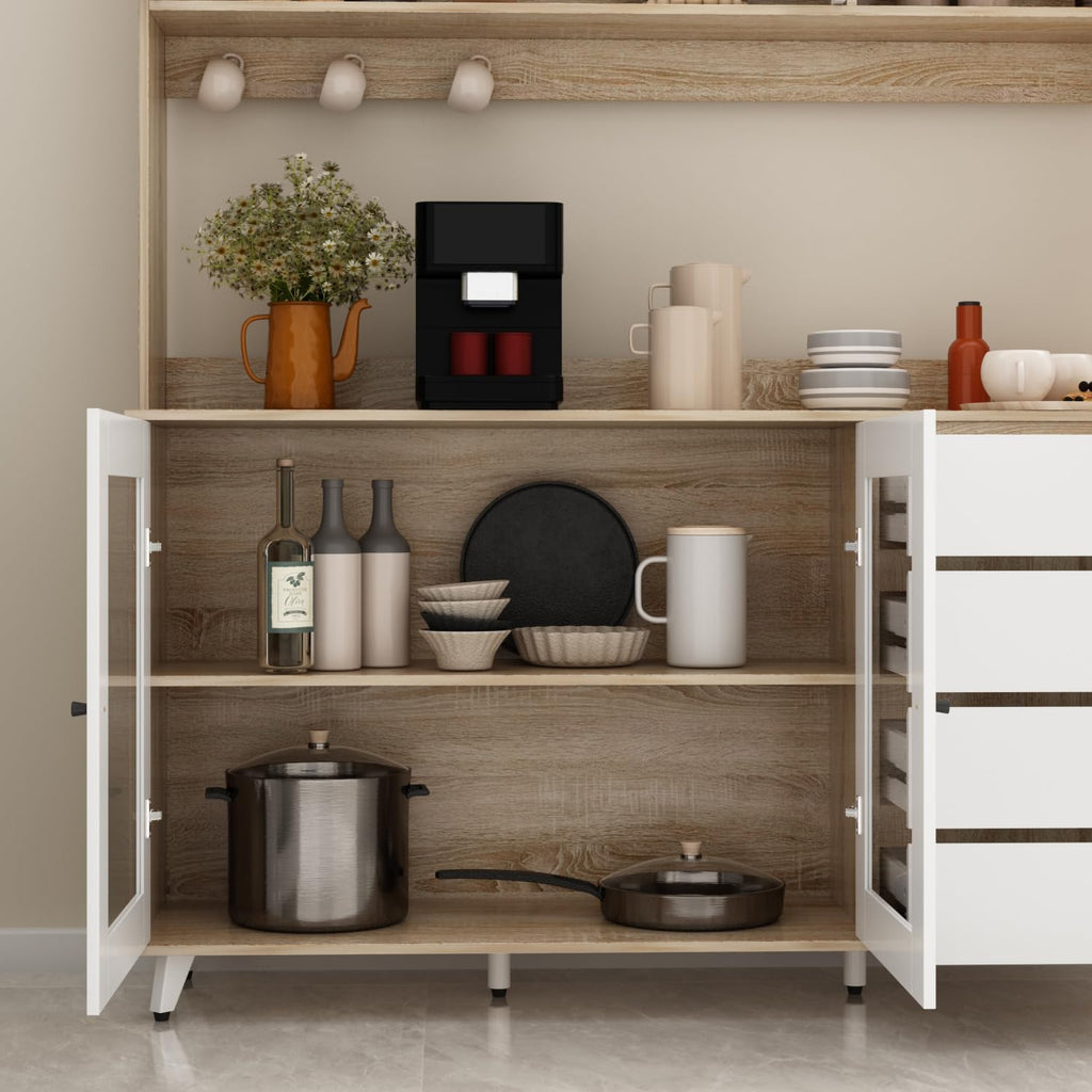 ECACAD Freestanding Kitchen Pantry Storage Cabinet with Glass Doors, Shelves & Drawers, Modern Sideboard Buffet Cabinet, Wood Kitchen Cupboard with Hutch and Hooks, Walnut and White