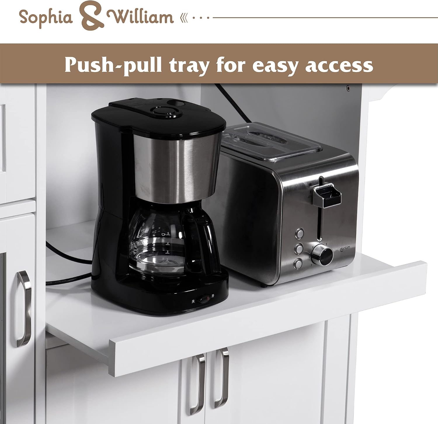 Sophia & William Kitchen Island Cart on Wheels with Extendable Tray, Adjustable Shelf and Glass Door, Mobile Kitchen Storage Islands Rolling Kitchen Trolley with Cabinets, Drawer and Towel Rack, White