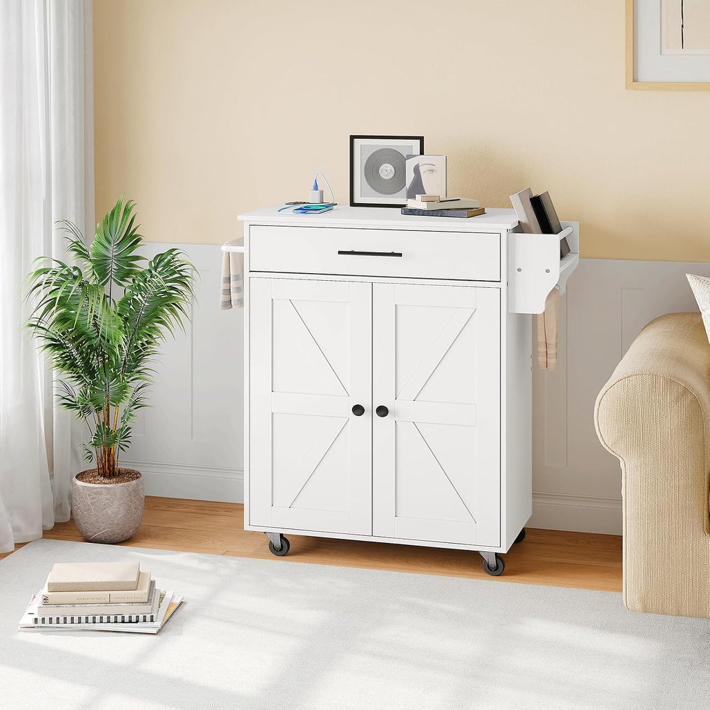 HOOBRO Kitchen Island with Power Outlet, Kitchen Storage Island with Large Worktop, Spice Rack and Drawer, Rolling Kitchen Island Cart on Wheels, for Kitchen and Dining Room, White WT88UZD01
