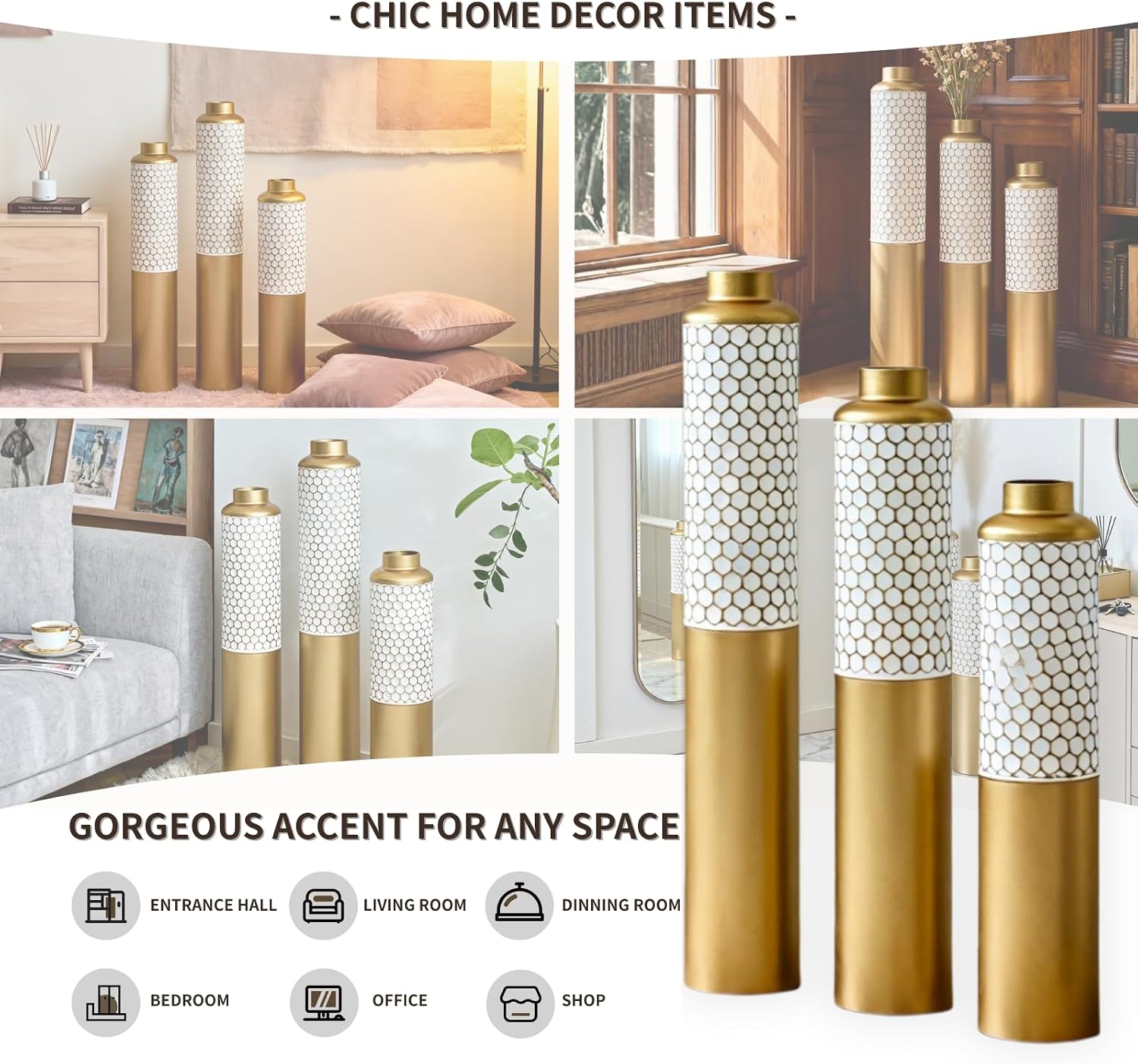 Modern Metal Standing Vase Set of 3, Gold & White Hexagon Pattern Floor Vases，Modern Glam Home Decor for Living Room, Entryway, Hallway (White&Gold - 32.6'/ 28.34'/ 24' Height)