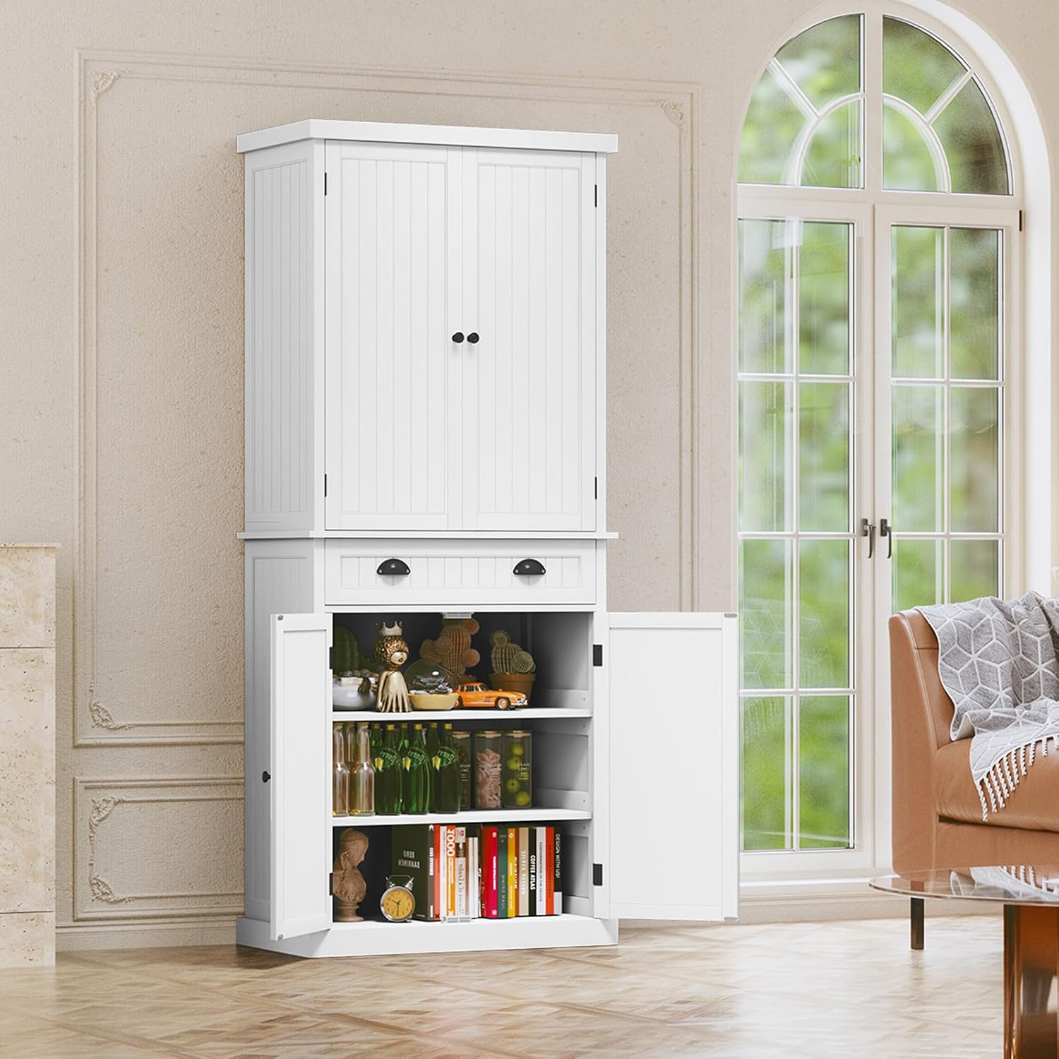 ARTPOWER 72' Pantry Storage Cabinet with Drawer, Freestanding Tall Cupboard Storage Cabinet, Utility Pantry with Door Shelves and 2 Adjustable Shelves for Kitchen, Dining Room,Living Room, White