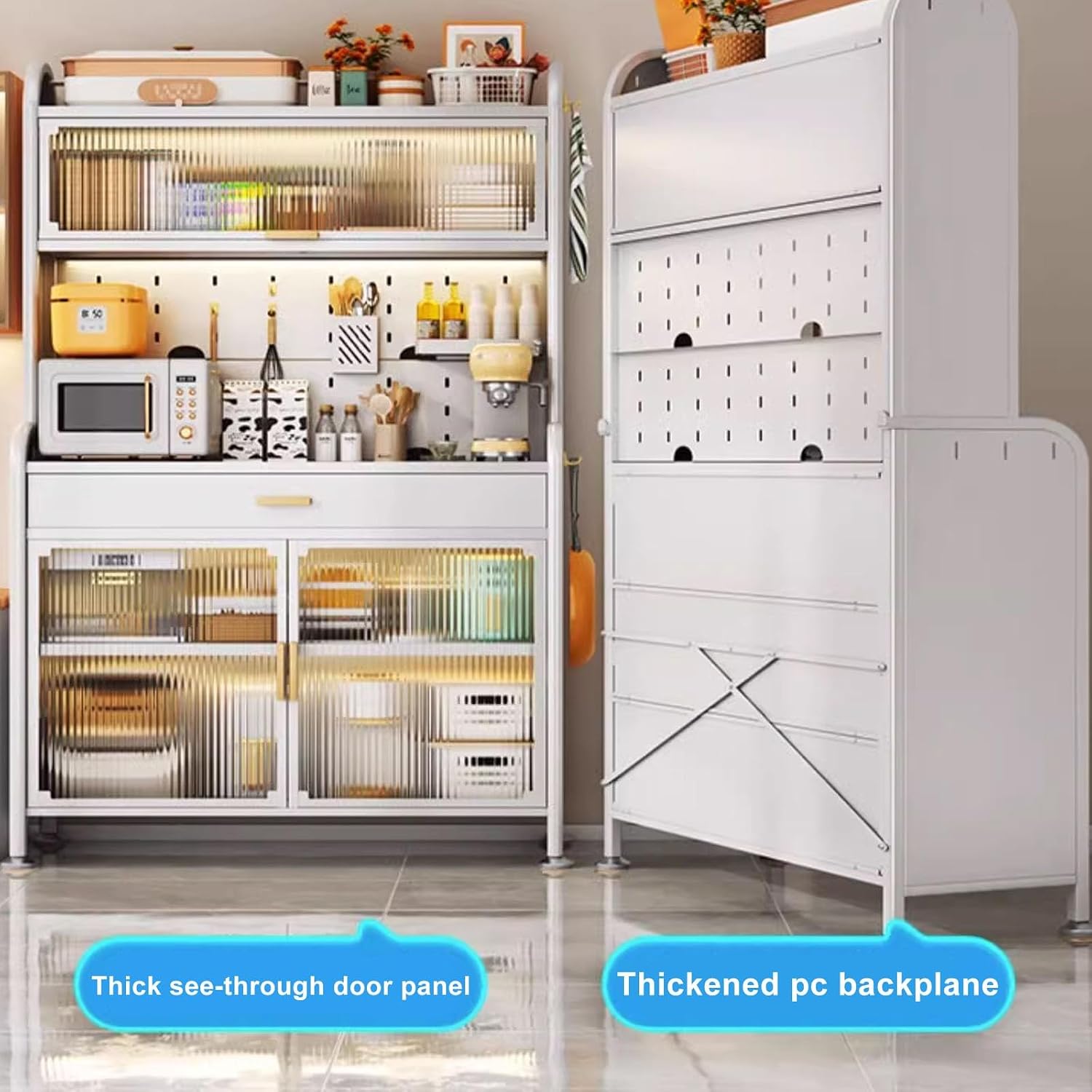 4-Tier Kitchen Pantry Storage Cabinet, Baker's Rack with Drawer Pegboard, Flip Door Design, Ideal for Home Kitchen, Garage, Organizing Spices, Pots Pans,White,60cm/23.6in