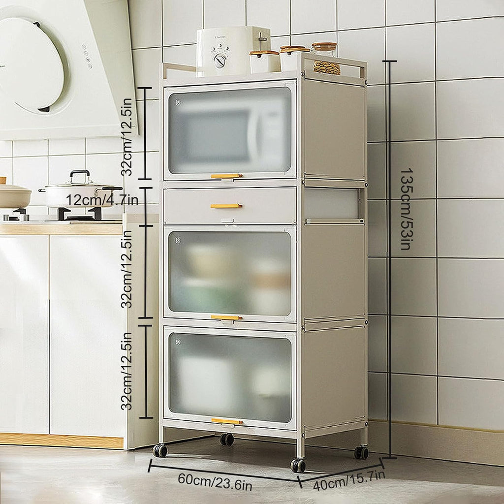 5-Tier Kitchen Storage Cabinet with Flip Doors, Mobile Microwave Stand with Brakeable Casters, Freestanding Kitchen Bakers Rack with Drawer, for Dining Room, Living Room,Black,60×135cm/23.6×53in