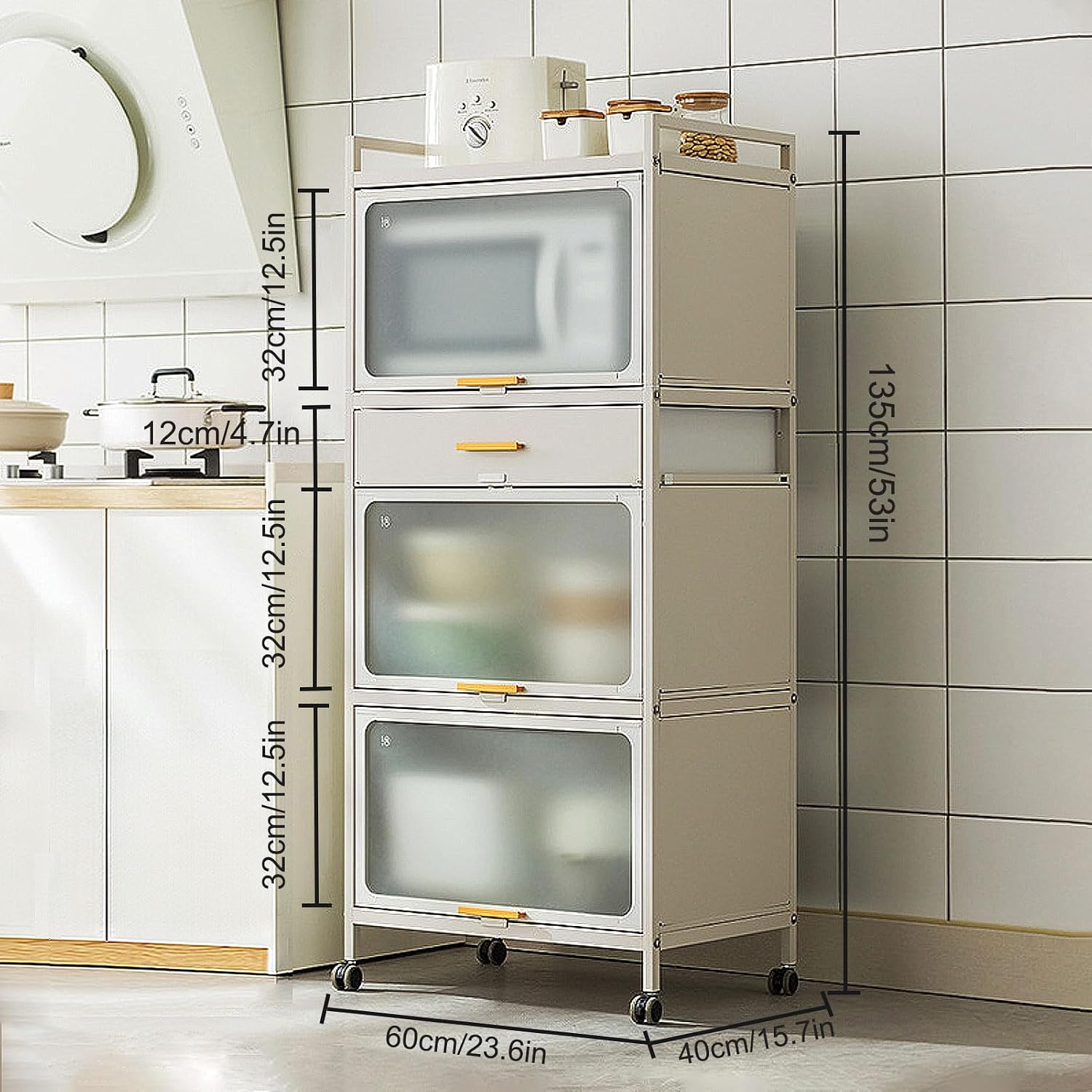 5-Tier Kitchen Storage Cabinet with Flip Doors, Mobile Microwave Stand with Brakeable Casters, Freestanding Kitchen Bakers Rack with Drawer, for Dining Room, Living Room,Black,60×135cm/23.6×53in